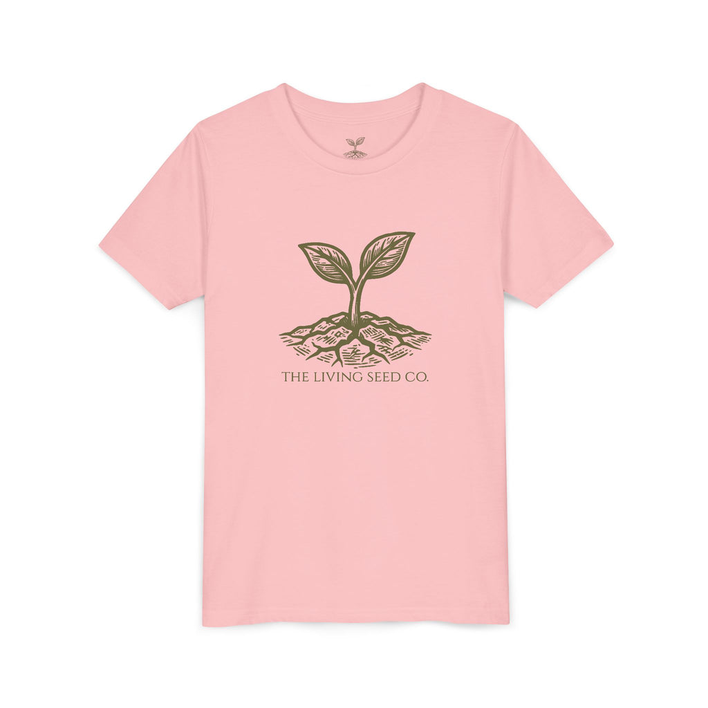 The Original Youth Tee in Pink — flat mockup — pink youth t-shirt featuring The Living Seed Co. sprouting seed graphic in olive ink. Bella+Canvas 3001Y.