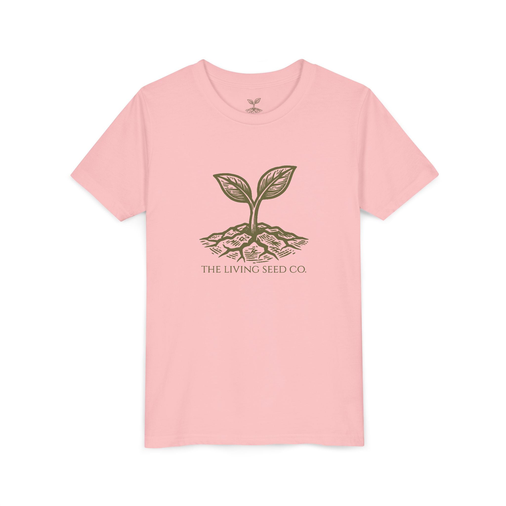 The Original Youth Tee in Pink — flat mockup — pink youth t-shirt featuring The Living Seed Co. sprouting seed graphic in olive ink. Bella+Canvas 3001Y.