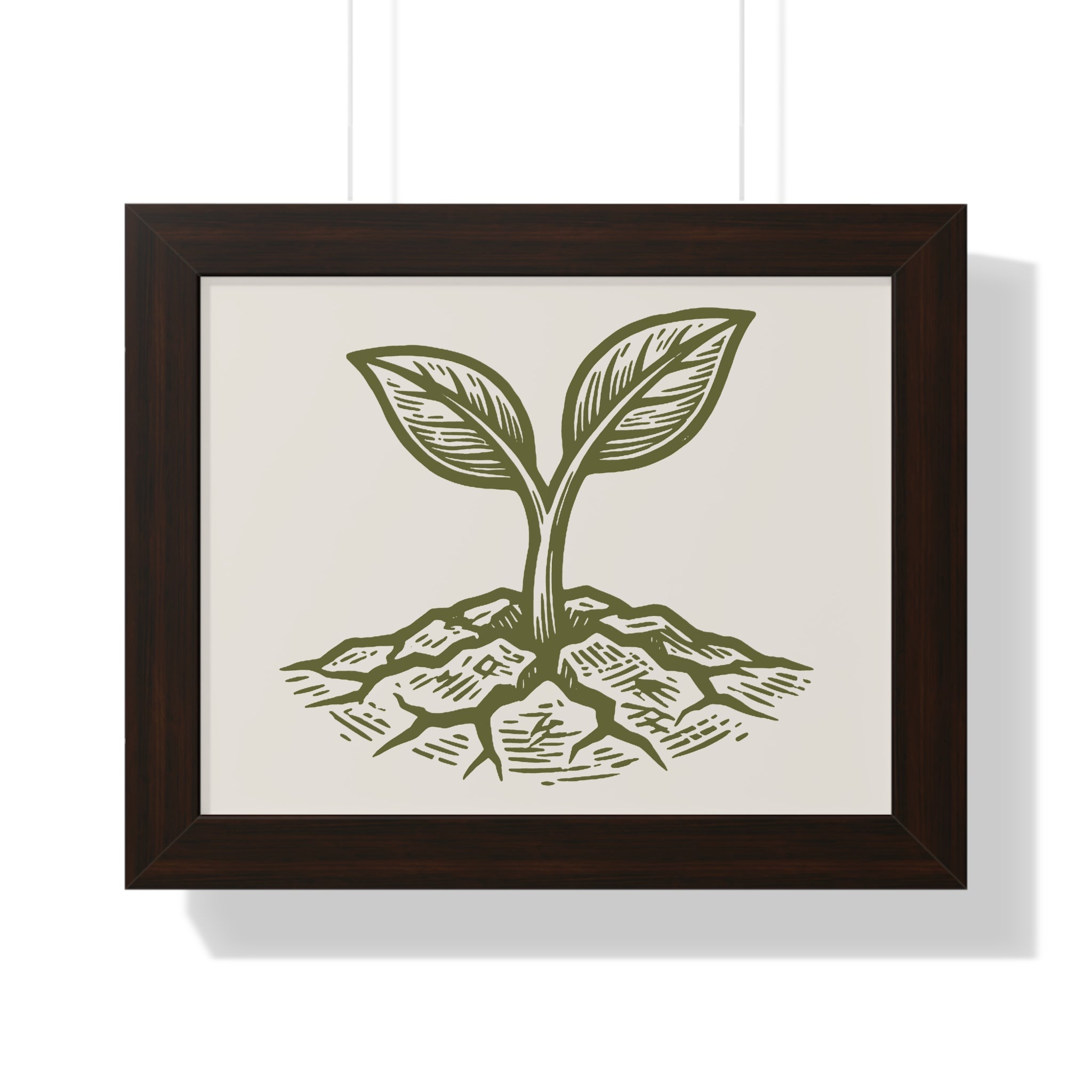 Close-up product view of The Original Framed Poster in Walnut, showing etching-style sprouting seed illustration on Parchment background with matte paper finish