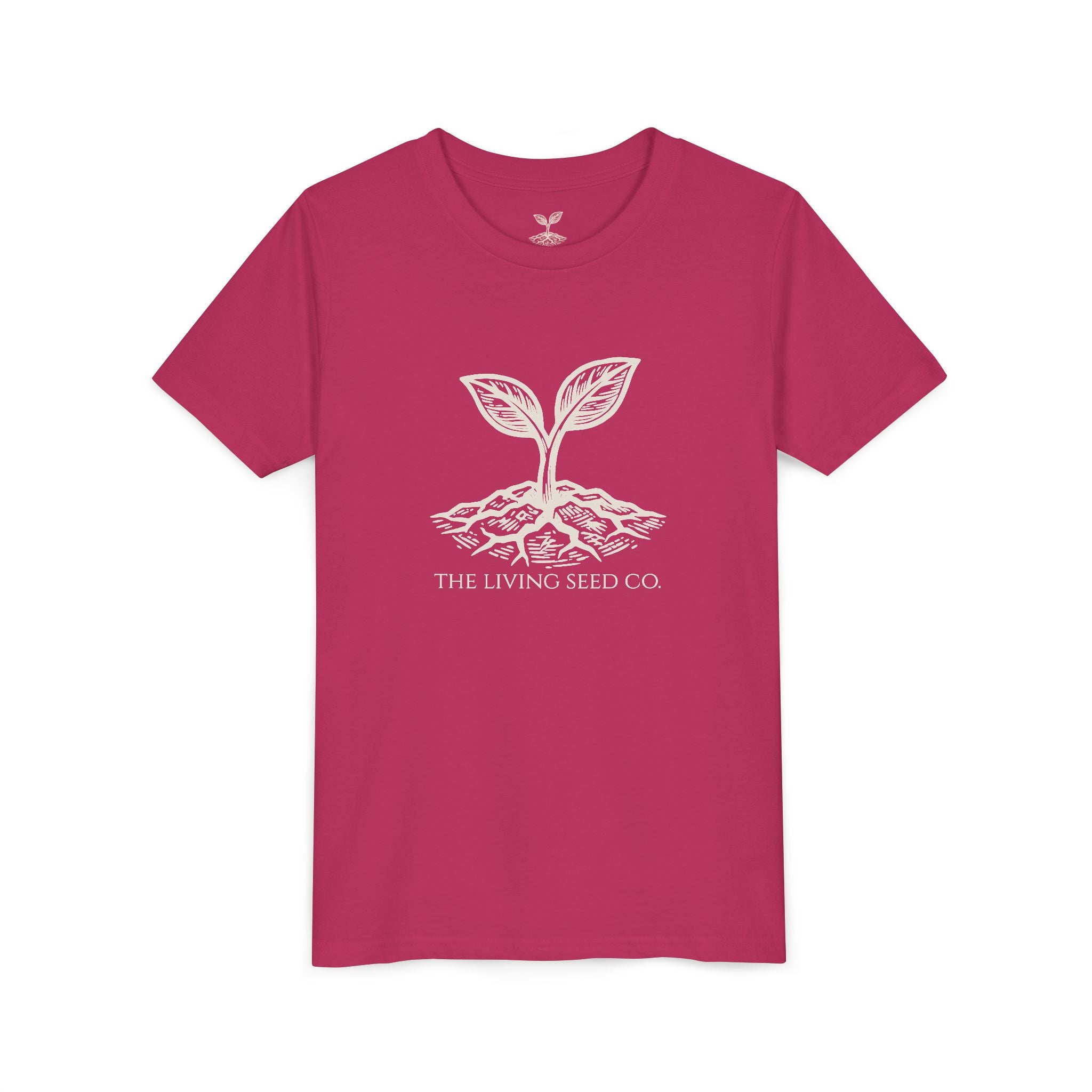 The Original Youth Tee in Berry — flat mockup — berry youth t-shirt featuring The Living Seed Co. sprouting seed graphic in parchment ink. Bella+Canvas 3001Y.