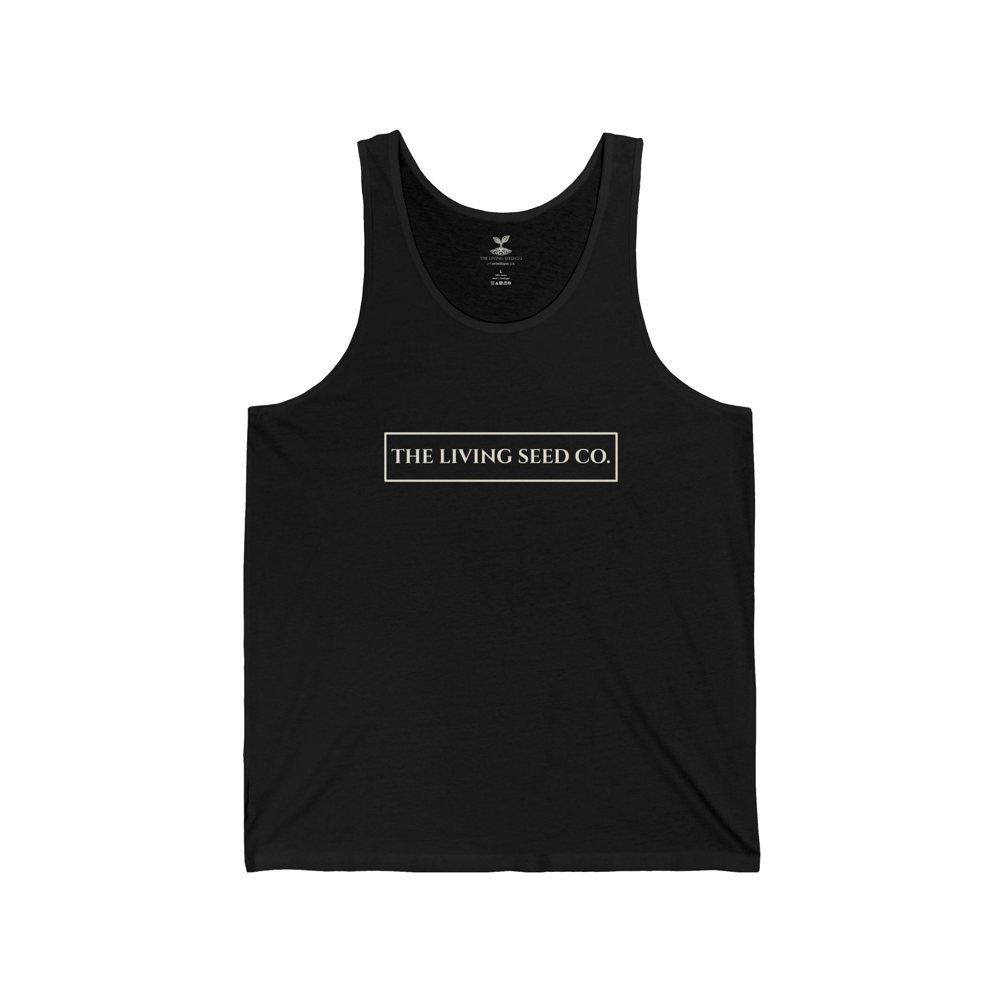 The Original Tank in Black — front view flat mockup — black unisex tank top featuring The Living Seed Co. boxed wordmark on chest in parchment ink. Bella+Canvas 3480.