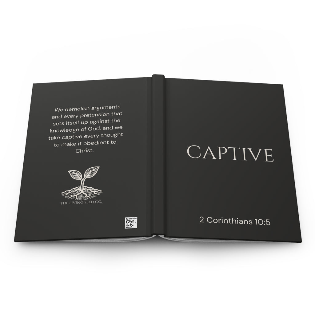 Scripture Series CAPTIVE Journal in Midnight Black — open view — showing back cover with 2 Corinthians 10:5 full verse and The Living Seed Co. logo alongside front cover with CAPTIVE title and scripture reference.