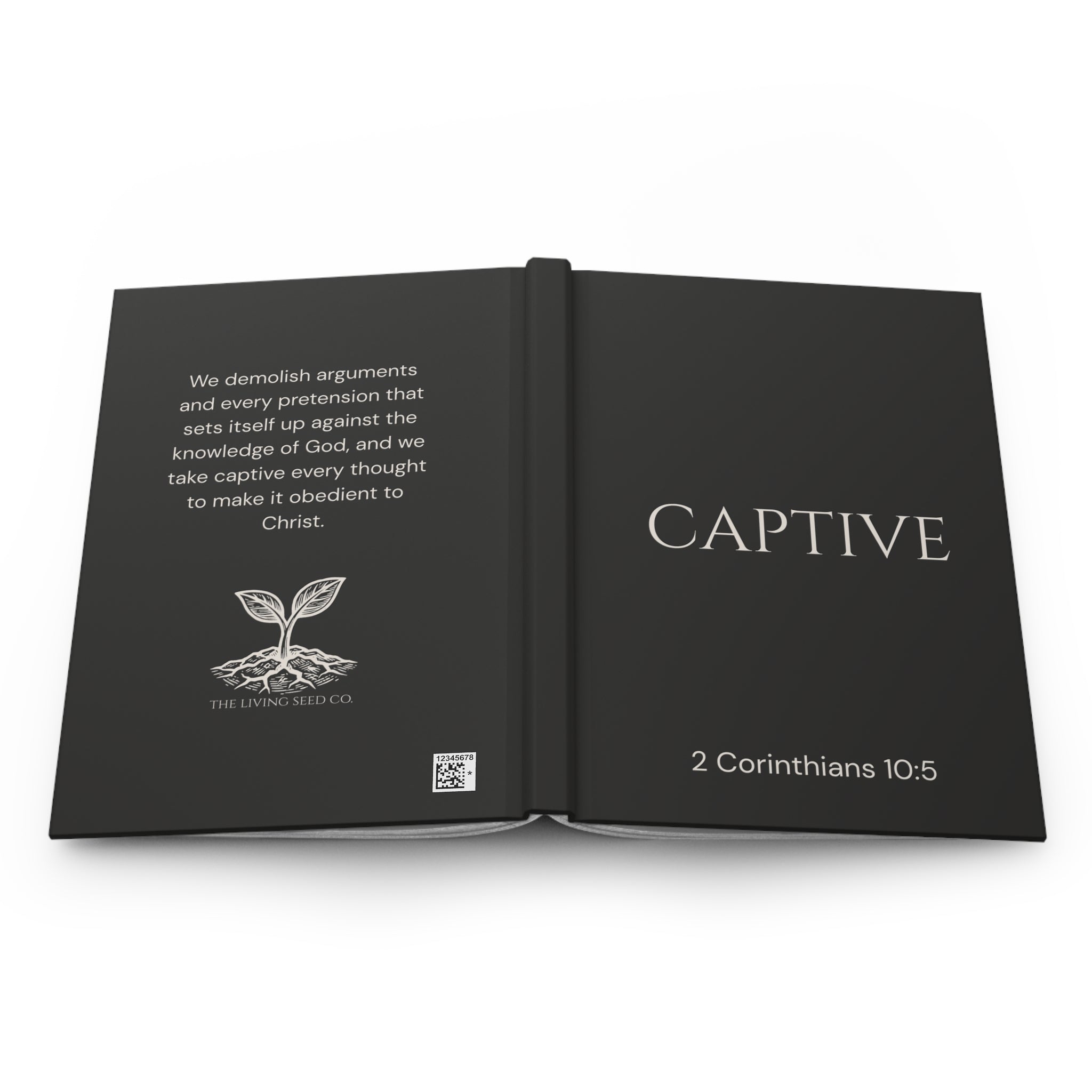Scripture Series CAPTIVE Journal in Midnight Black — open view — showing back cover with 2 Corinthians 10:5 full verse and The Living Seed Co. logo alongside front cover with CAPTIVE title and scripture reference.