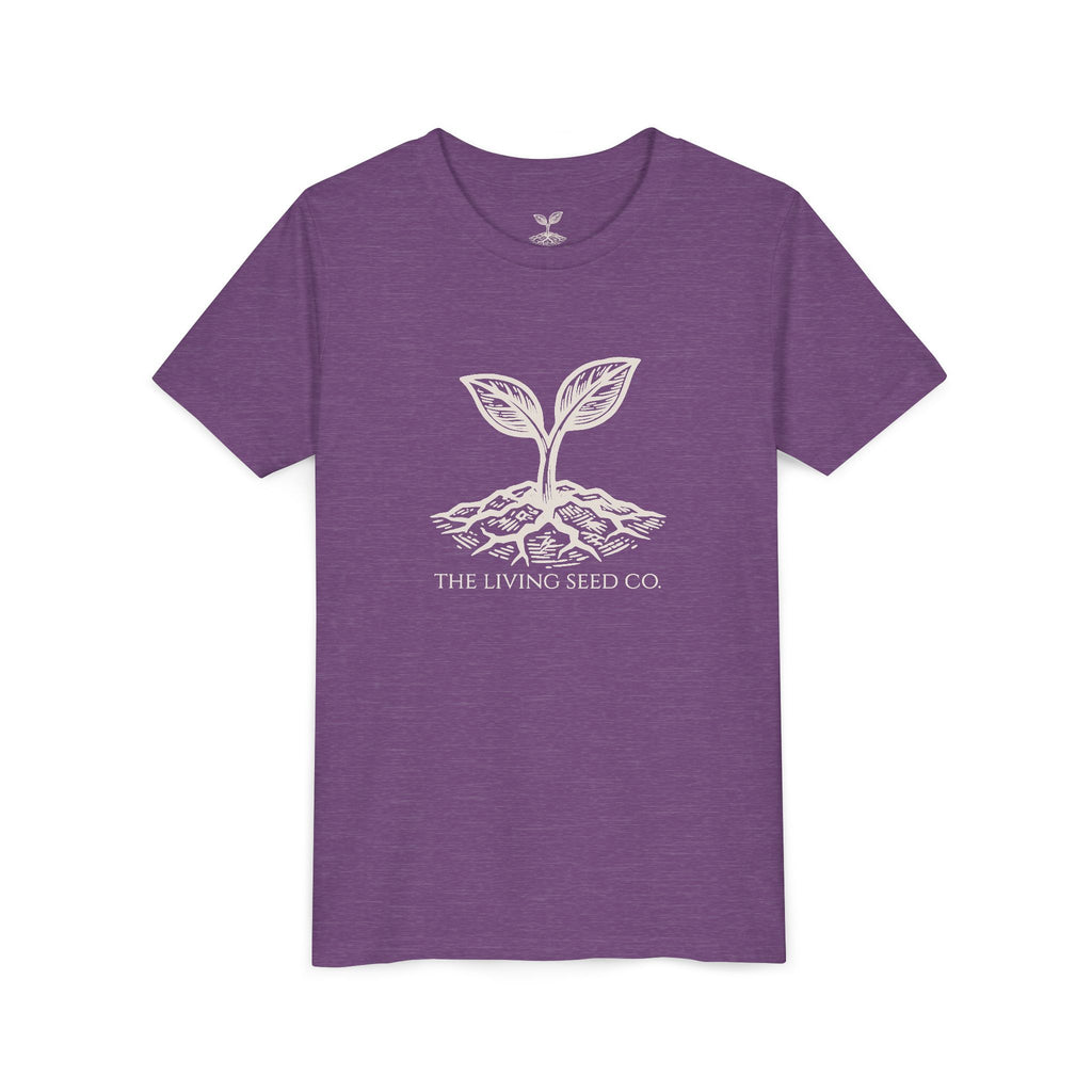 The Original Youth Tee in Heather Team Purple — flat mockup — purple heather youth t-shirt featuring The Living Seed Co. sprouting seed graphic in parchment ink. Bella+Canvas 3001Y.