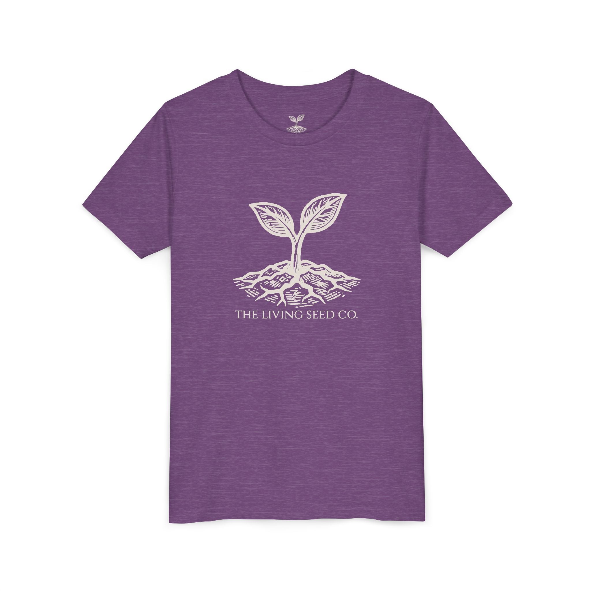 The Original Youth Tee in Heather Team Purple — flat mockup — purple heather youth t-shirt featuring The Living Seed Co. sprouting seed graphic in parchment ink. Bella+Canvas 3001Y.