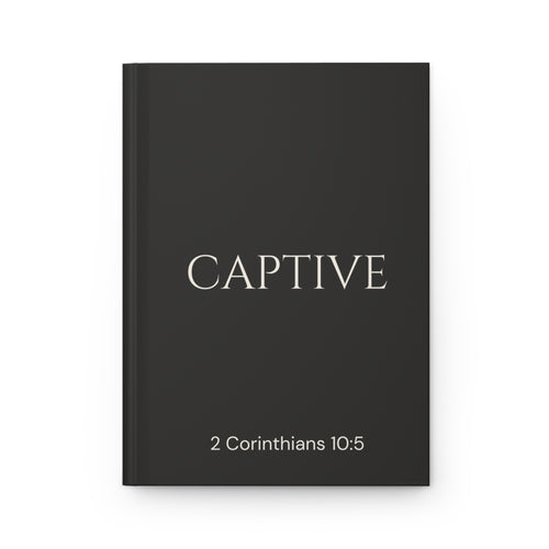 Scripture Series CAPTIVE Journal in Midnight Black — flat mockup — black hardcover journal with CAPTIVE in parchment lettering and 2 Corinthians 10:5 reference.