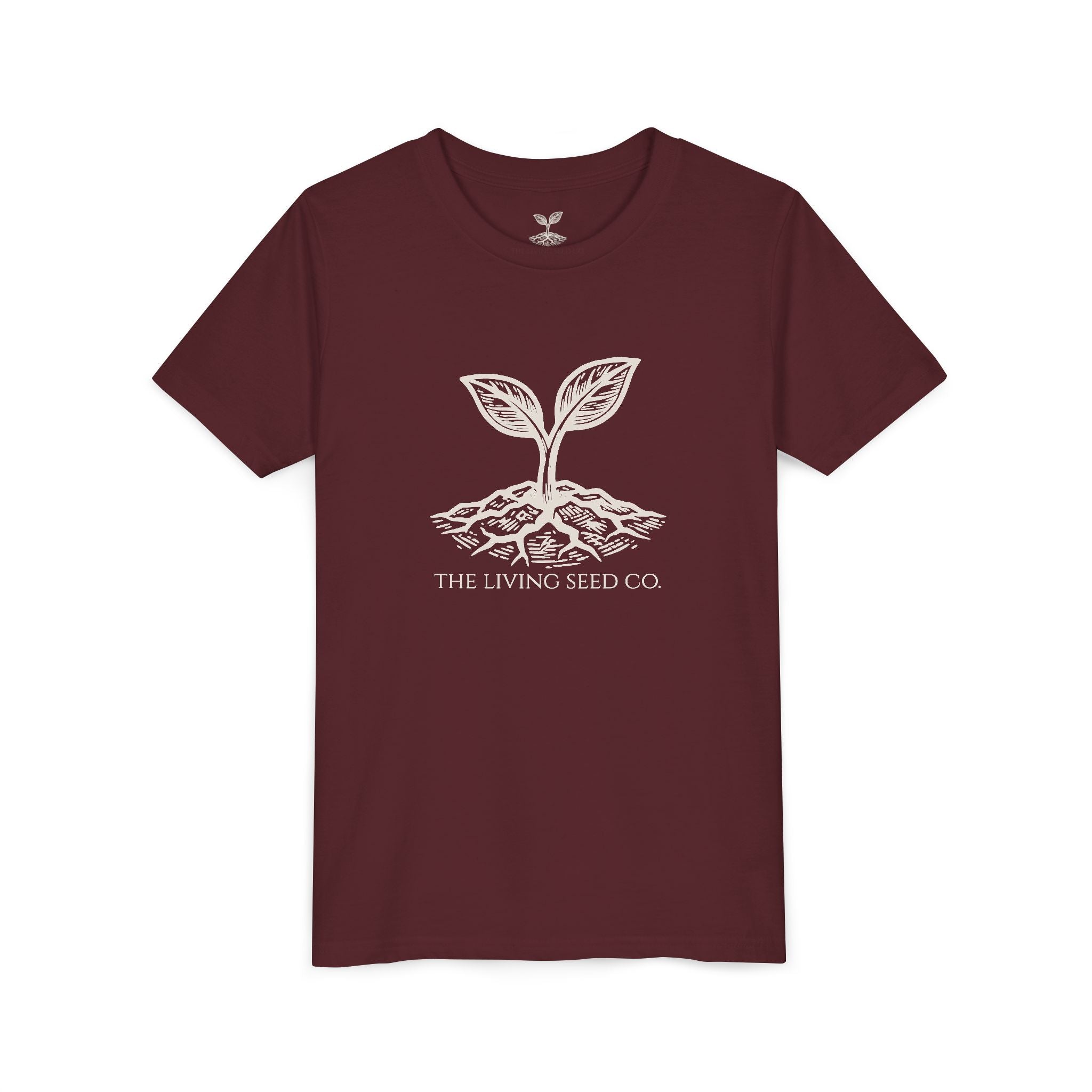 The Original Youth Tee in Maroon — flat mockup — maroon youth t-shirt featuring The Living Seed Co. sprouting seed graphic in parchment ink. Bella+Canvas 3001Y.