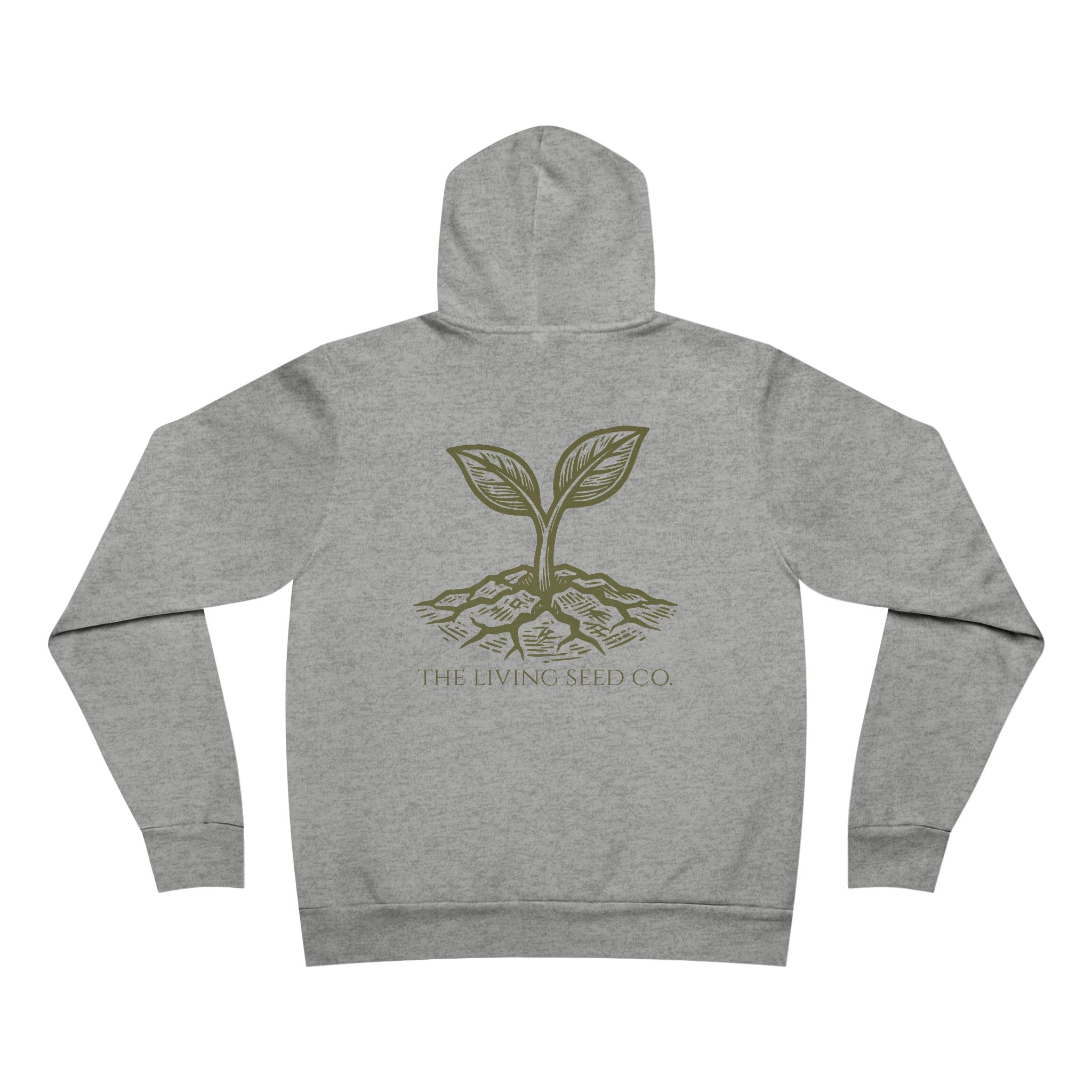 The Original Hoodie (Bella+Canvas) in Athletic Heather — back view flat mockup — grey heather unisex pullover hoodie featuring The Living Seed Co. etching-style sprouting seed graphic in olive ink with wordmark below. Bella+Canvas 3719.