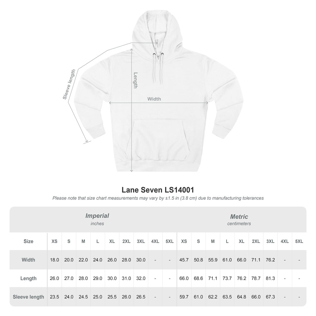 Lane Seven LS14001 size chart showing chest, length, and sleeve measurements in inches for sizes XS through 3XL.