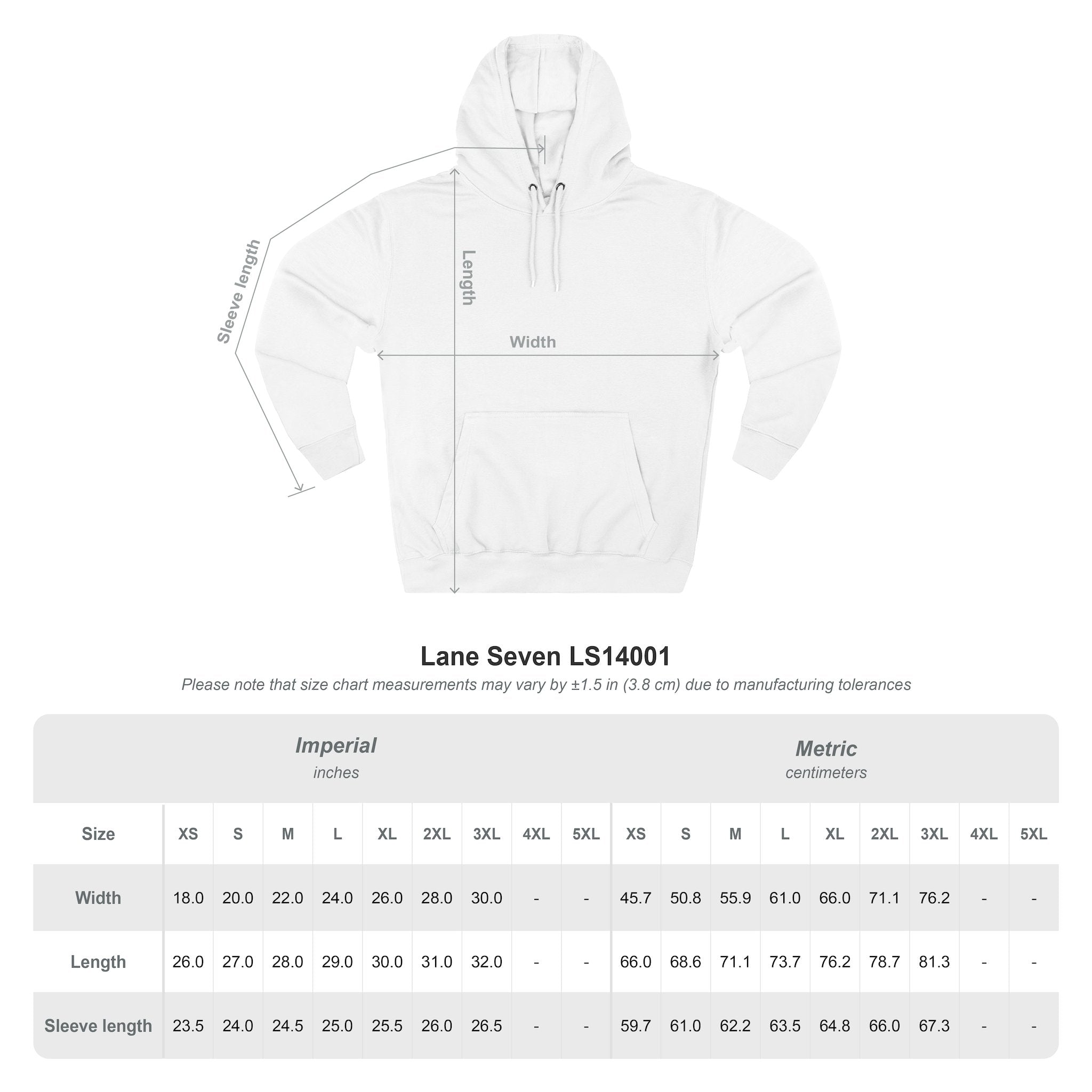 Lane Seven LS14001 size chart showing chest, length, and sleeve measurements in inches for sizes XS through 3XL.