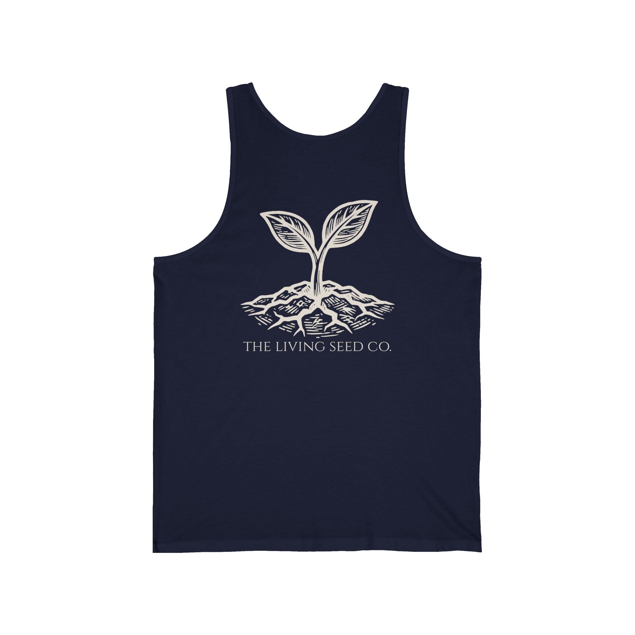 The Original Tank in Navy — back view flat mockup — navy unisex tank top featuring The Living Seed Co. etching-style sprouting seed graphic in parchment ink with wordmark below. Bella+Canvas 3480.