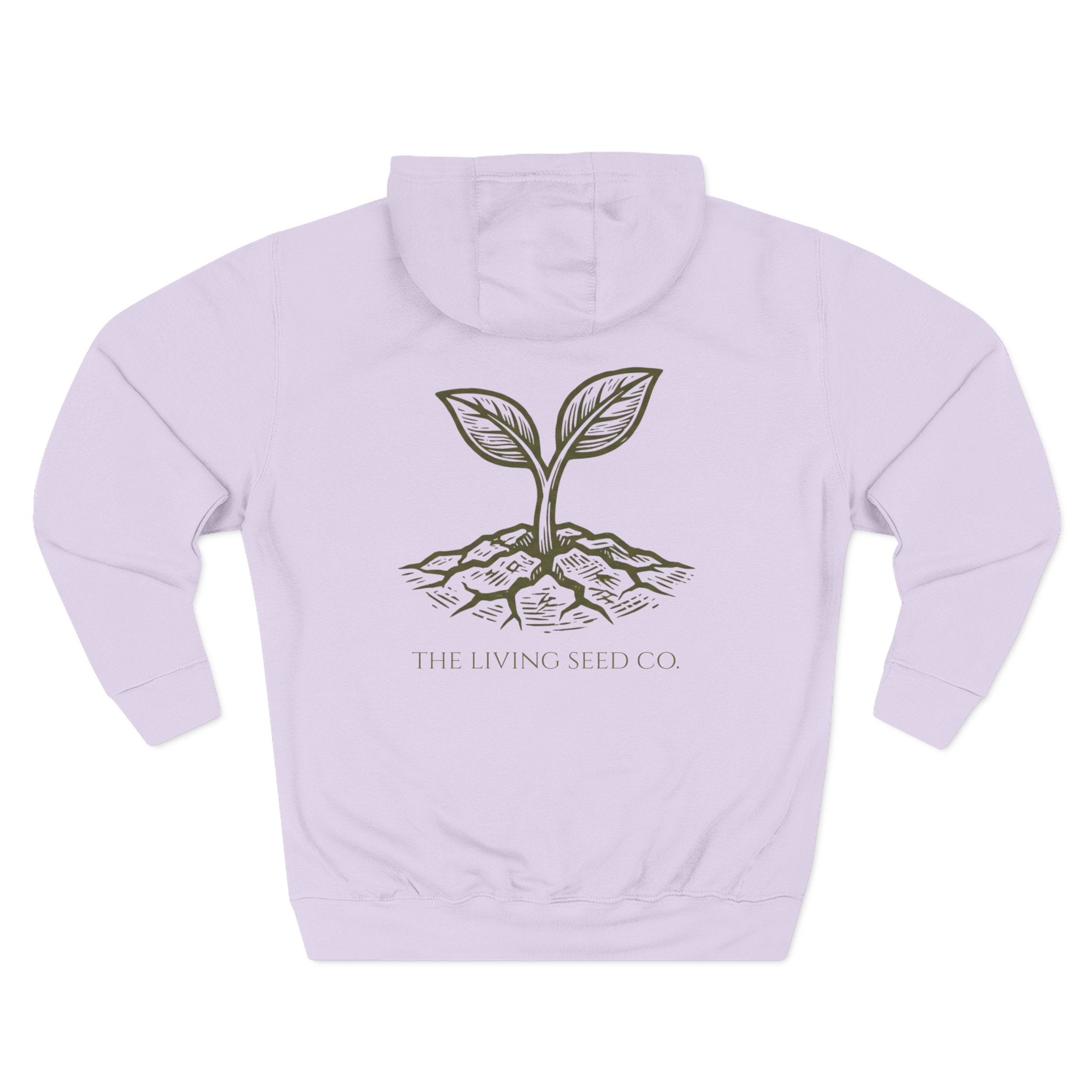 The Original Hoodie (Lane Seven) in Lilac — back view flat mockup — lilac pullover hoodie featuring The Living Seed Co. etching-style sprouting seed graphic in olive ink with wordmark below. Lane Seven LS14001.