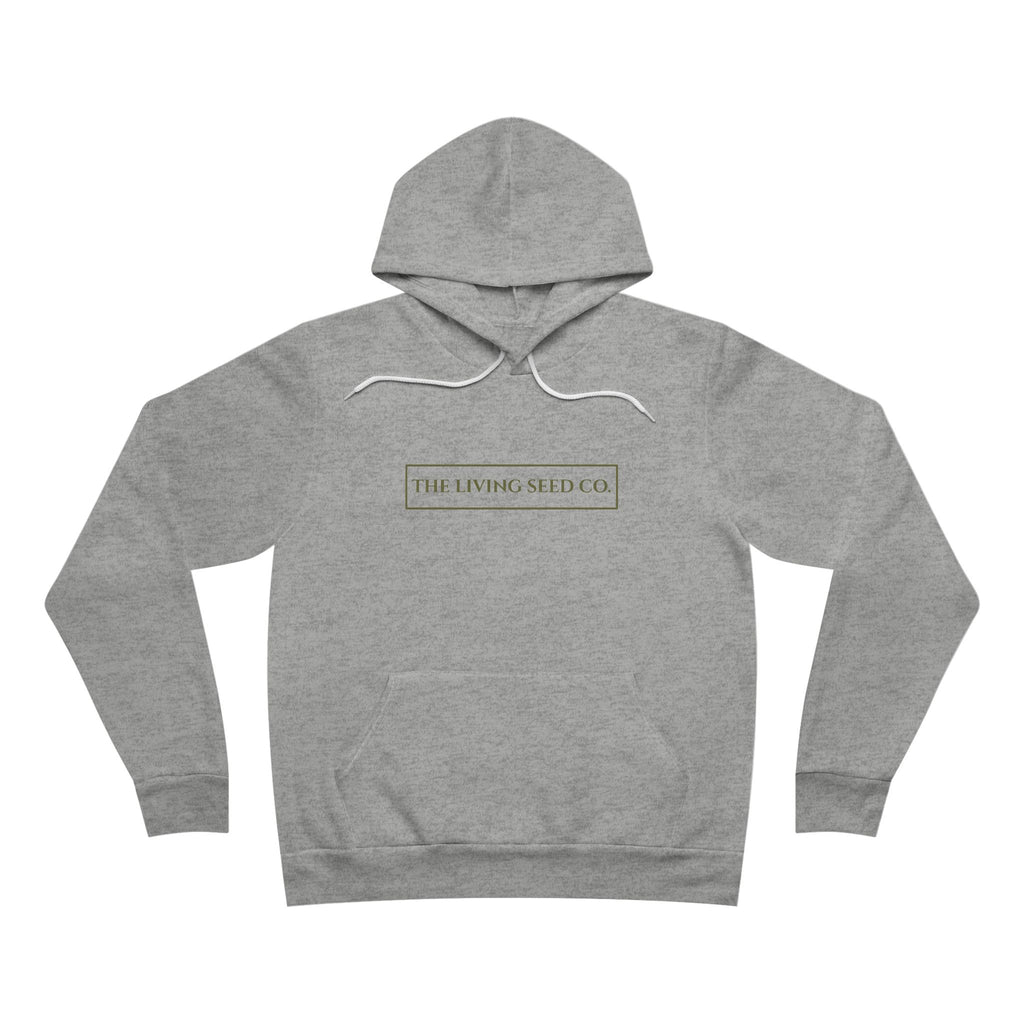 The Original Hoodie (Bella+Canvas) in Athletic Heather — front view flat mockup — grey heather unisex pullover hoodie featuring The Living Seed Co. boxed wordmark on chest in olive ink. Bella+Canvas 3719.