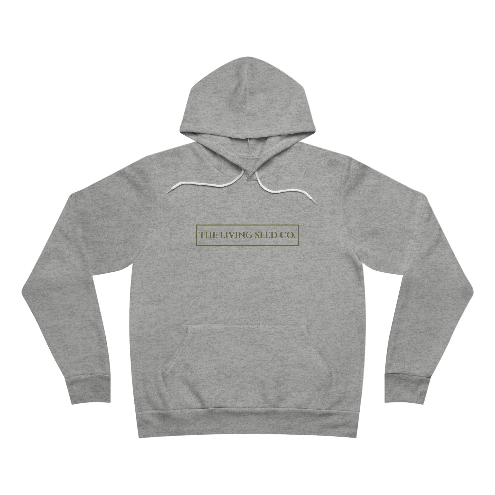 The Original Hoodie (Bella+Canvas) in Athletic Heather — front view flat mockup — grey heather unisex pullover hoodie featuring The Living Seed Co. boxed wordmark on chest in olive ink. Bella+Canvas 3719.