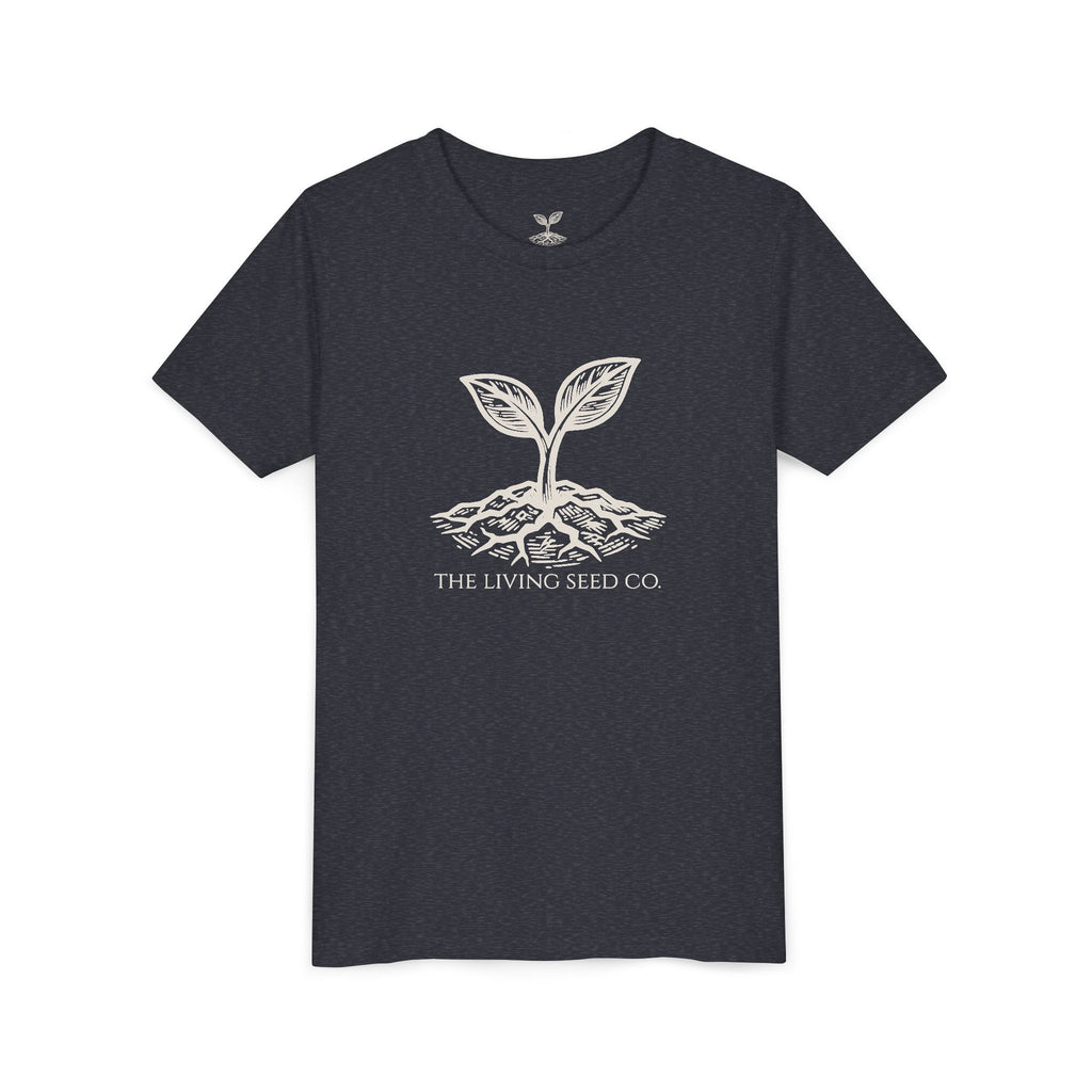 The Original Youth Tee in Heather Navy — flat mockup — navy heather youth t-shirt featuring The Living Seed Co. sprouting seed graphic in parchment ink. Bella+Canvas 3001Y.