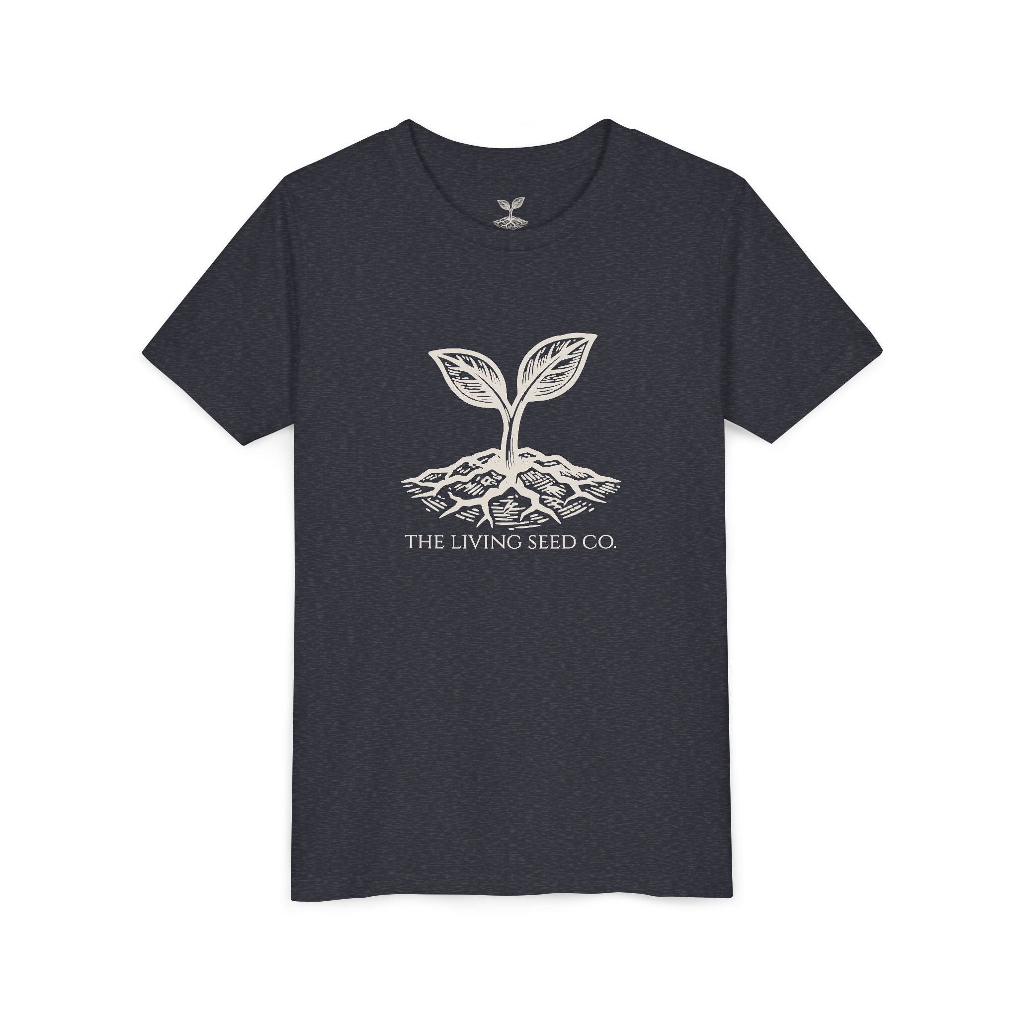 The Original Youth Tee in Heather Navy — flat mockup — navy heather youth t-shirt featuring The Living Seed Co. sprouting seed graphic in parchment ink. Bella+Canvas 3001Y.