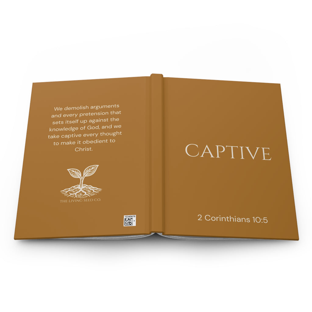 Scripture Series CAPTIVE Journal in Harvest Gold — open view — showing back cover with 2 Corinthians 10:5 full verse and The Living Seed Co. logo alongside front cover with CAPTIVE title and scripture reference.