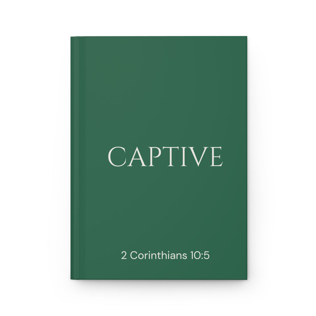 Scripture Series CAPTIVE Journal in Garden Green — flat mockup — garden green hardcover journal with CAPTIVE in parchment lettering and 2 Corinthians 10:5 reference.