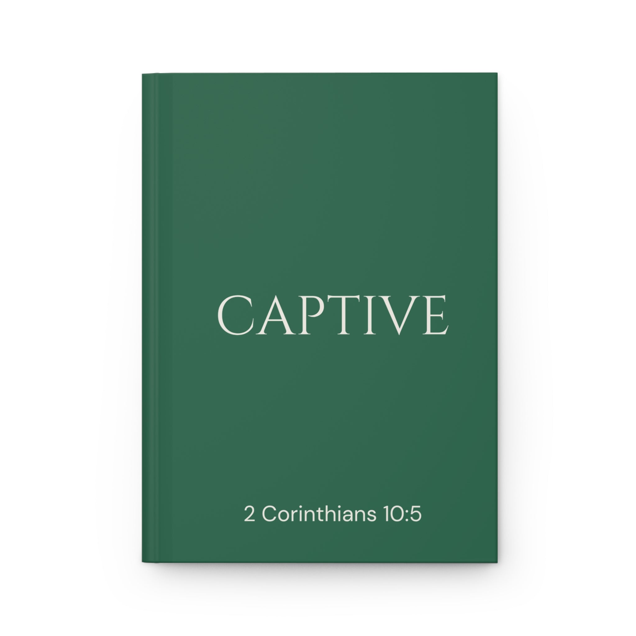 Scripture Series CAPTIVE Journal in Garden Green — flat mockup — garden green hardcover journal with CAPTIVE in parchment lettering and 2 Corinthians 10:5 reference.