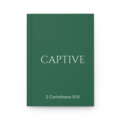 Scripture Series CAPTIVE Journal in Garden Green — flat mockup — garden green hardcover journal with CAPTIVE in parchment lettering and 2 Corinthians 10:5 reference.