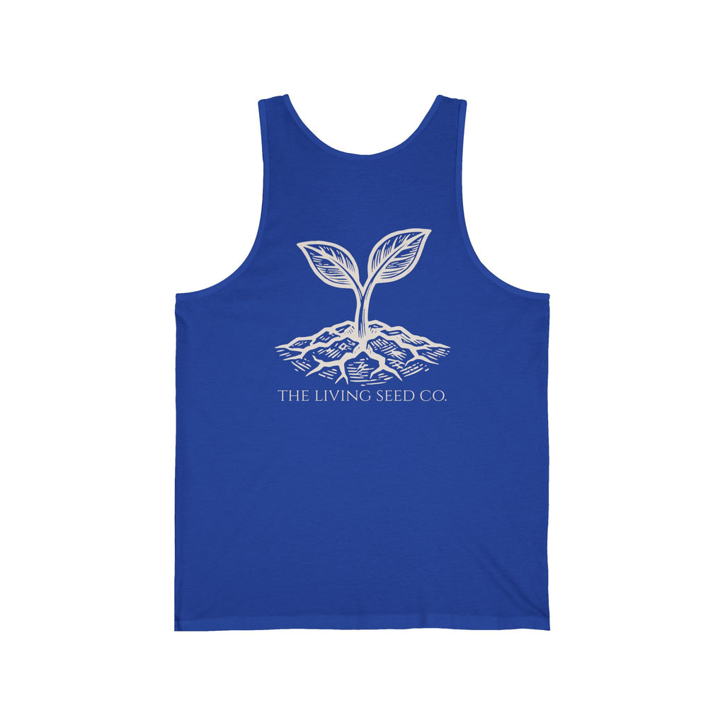 The Original Tank in True Royal — back view flat mockup — royal blue unisex tank top featuring The Living Seed Co. etching-style sprouting seed graphic in parchment ink with wordmark below. Bella+Canvas 3480.