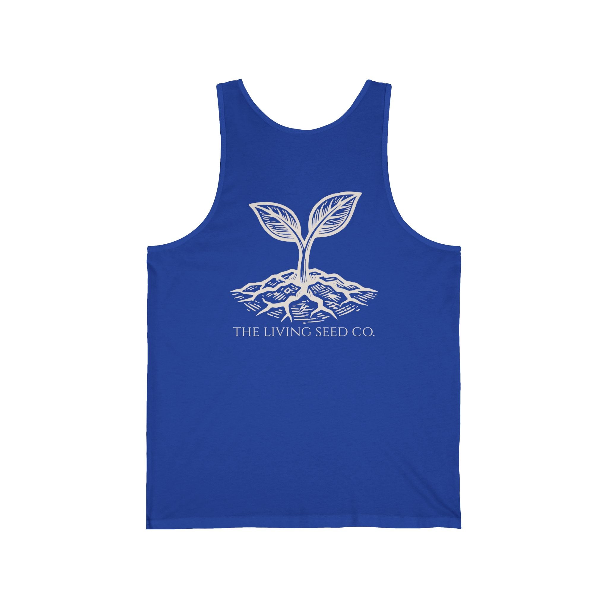The Original Tank in True Royal — back view flat mockup — royal blue unisex tank top featuring The Living Seed Co. etching-style sprouting seed graphic in parchment ink with wordmark below. Bella+Canvas 3480.