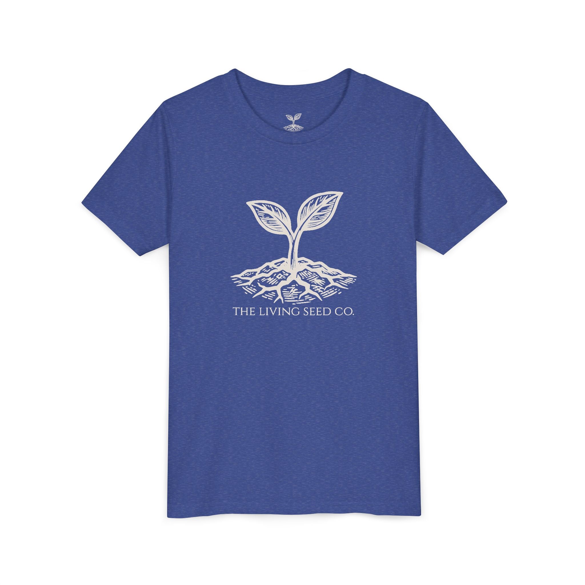 The Original Youth Tee in Heather True Royal — flat mockup — royal blue heather youth t-shirt featuring The Living Seed Co. sprouting seed graphic in parchment ink. Bella+Canvas 3001Y.
