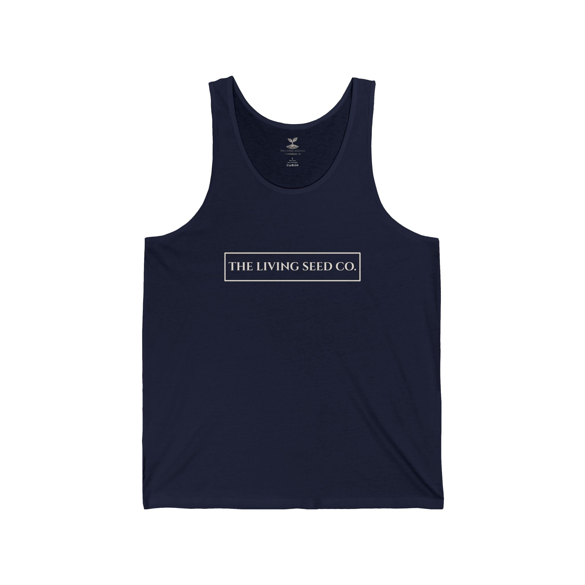 The Original Tank in Navy — front view flat mockup — navy unisex tank top featuring The Living Seed Co. boxed wordmark on chest in parchment ink. Bella+Canvas 3480.