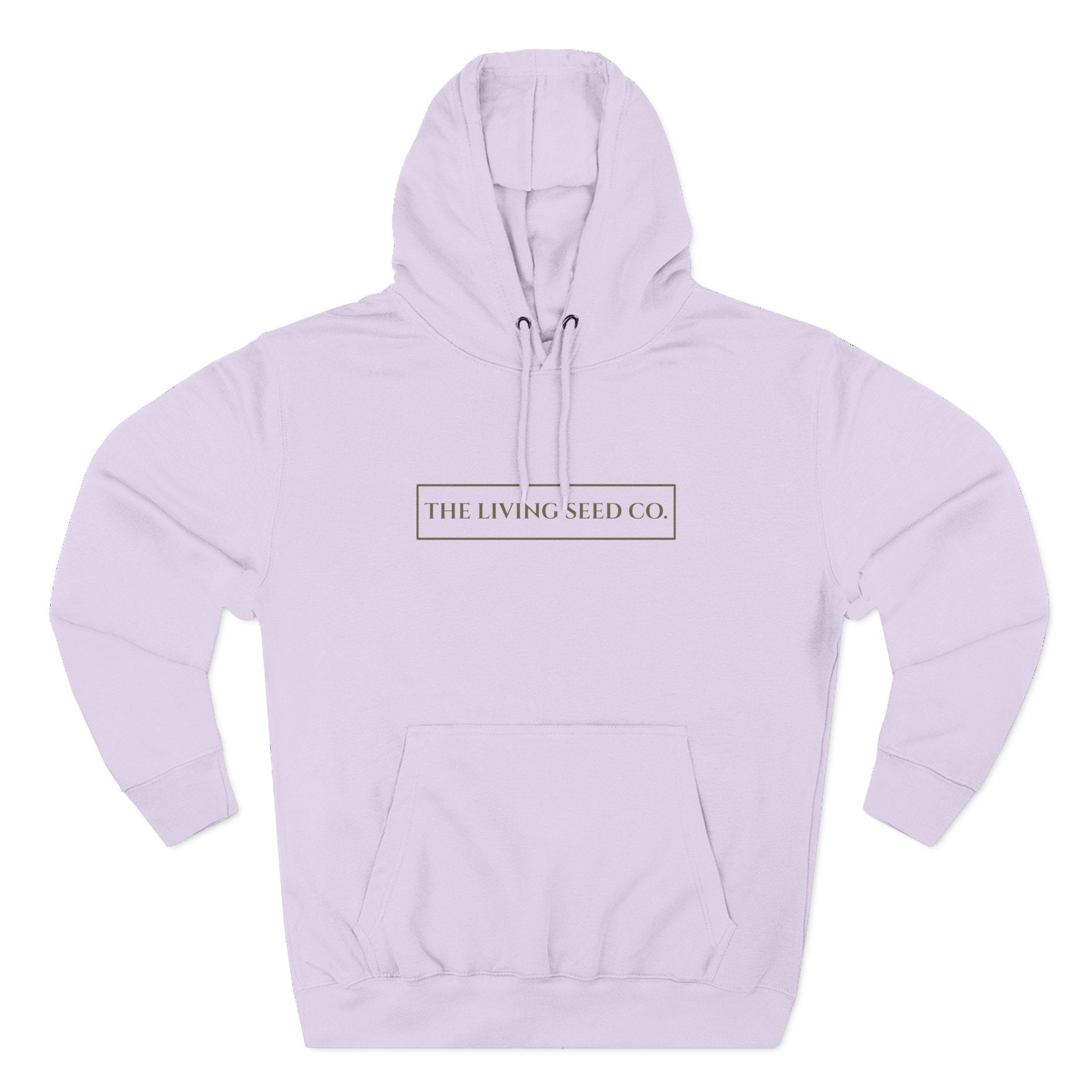 The Original Hoodie (Lane Seven) in Lilac — front view flat mockup — lilac pullover hoodie featuring The Living Seed Co. boxed wordmark on chest in olive ink. Lane Seven LS14001.