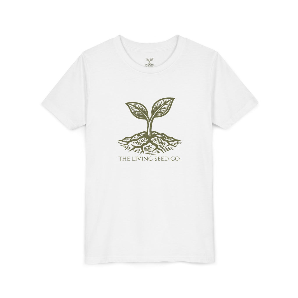 The Original Youth Tee in White — flat mockup — white youth t-shirt featuring The Living Seed Co. sprouting seed graphic in olive ink. Bella+Canvas 3001Y.