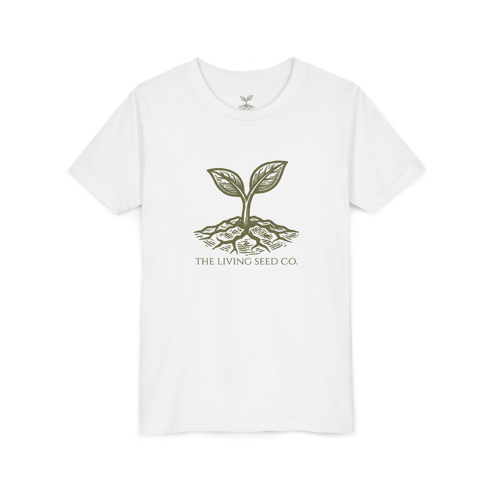 The Original Youth Tee in White — flat mockup — white youth t-shirt featuring The Living Seed Co. sprouting seed graphic in olive ink. Bella+Canvas 3001Y.