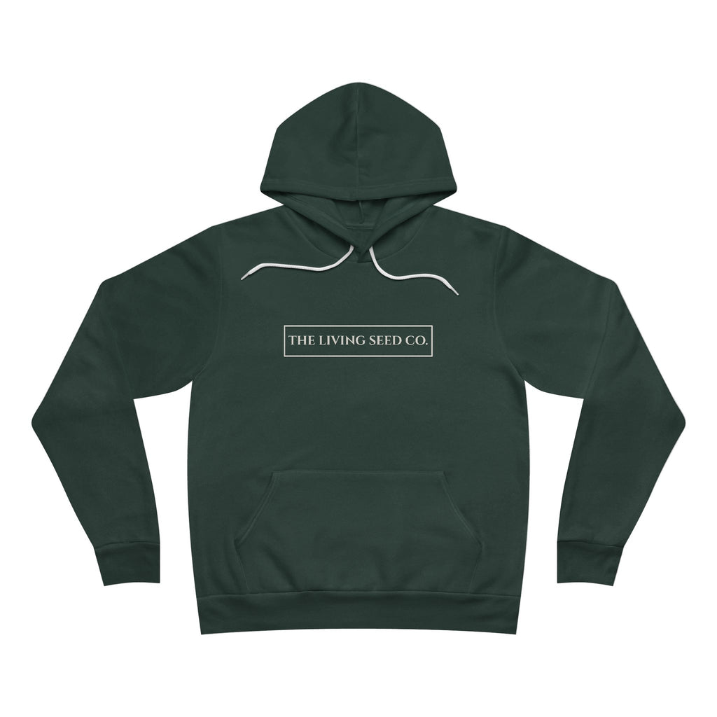 The Original Hoodie (Bella+Canvas) in Forest — front view flat mockup — forest green unisex pullover hoodie featuring The Living Seed Co. boxed wordmark on chest in parchment ink. Bella+Canvas 3719.