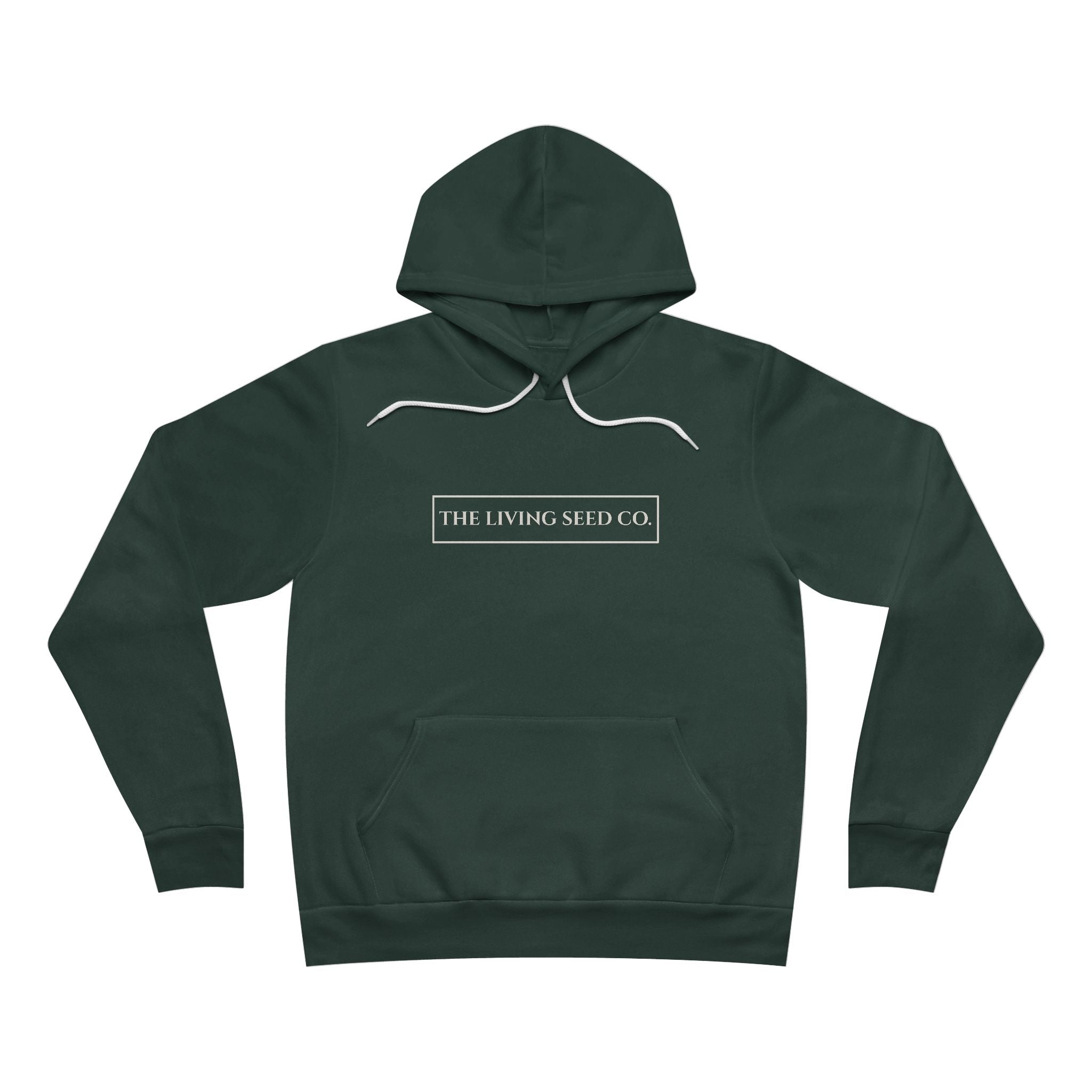 The Original Hoodie (Bella+Canvas) in Forest — front view flat mockup — forest green unisex pullover hoodie featuring The Living Seed Co. boxed wordmark on chest in parchment ink. Bella+Canvas 3719.