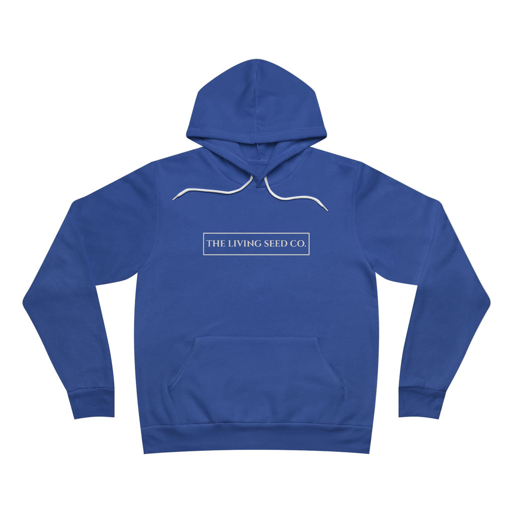 The Original Hoodie (Bella+Canvas) in True Royal — front view flat mockup — royal blue unisex pullover hoodie featuring The Living Seed Co. boxed wordmark on chest in parchment ink. Bella+Canvas 3719.