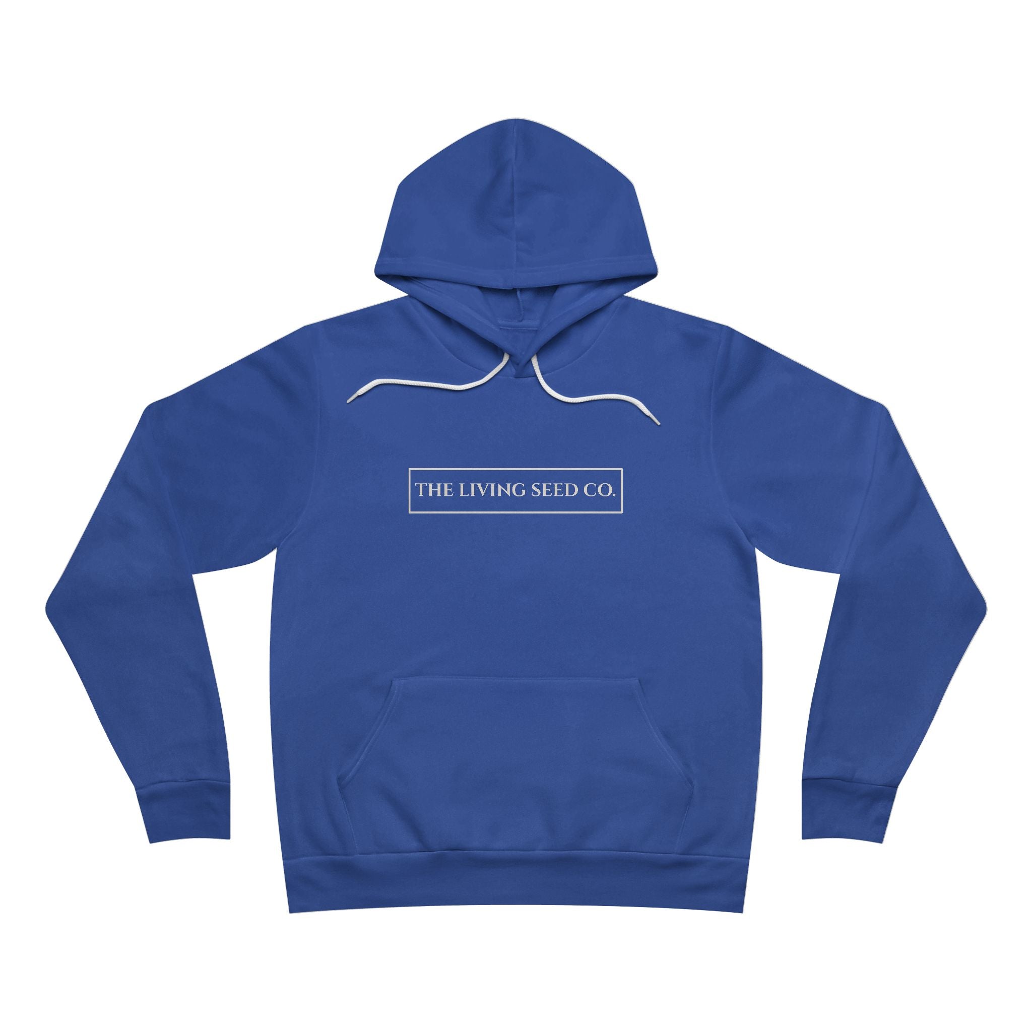 The Original Hoodie (Bella+Canvas) in True Royal — front view flat mockup — royal blue unisex pullover hoodie featuring The Living Seed Co. boxed wordmark on chest in parchment ink. Bella+Canvas 3719.