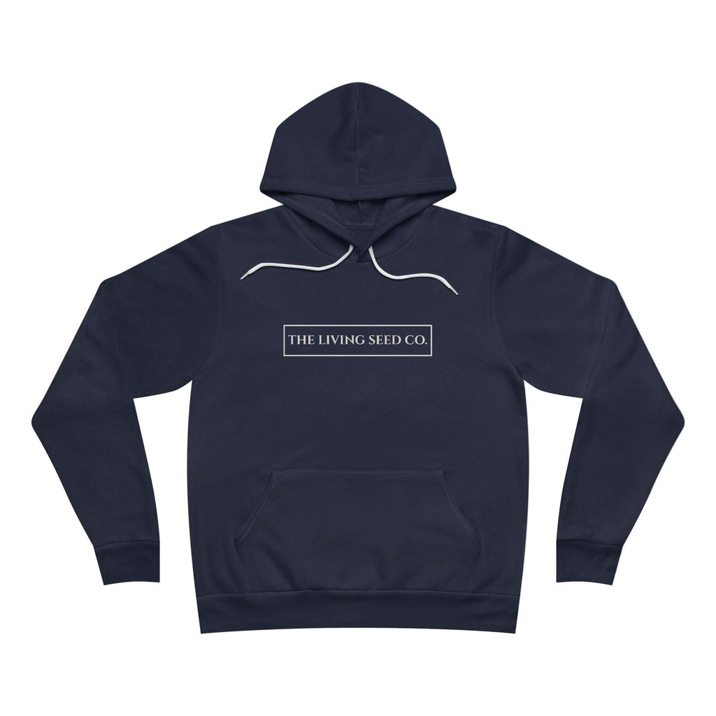 The Original Hoodie (Bella+Canvas) in Navy — front view flat mockup — navy unisex pullover hoodie featuring The Living Seed Co. boxed wordmark on chest in parchment ink. Bella+Canvas 3719.