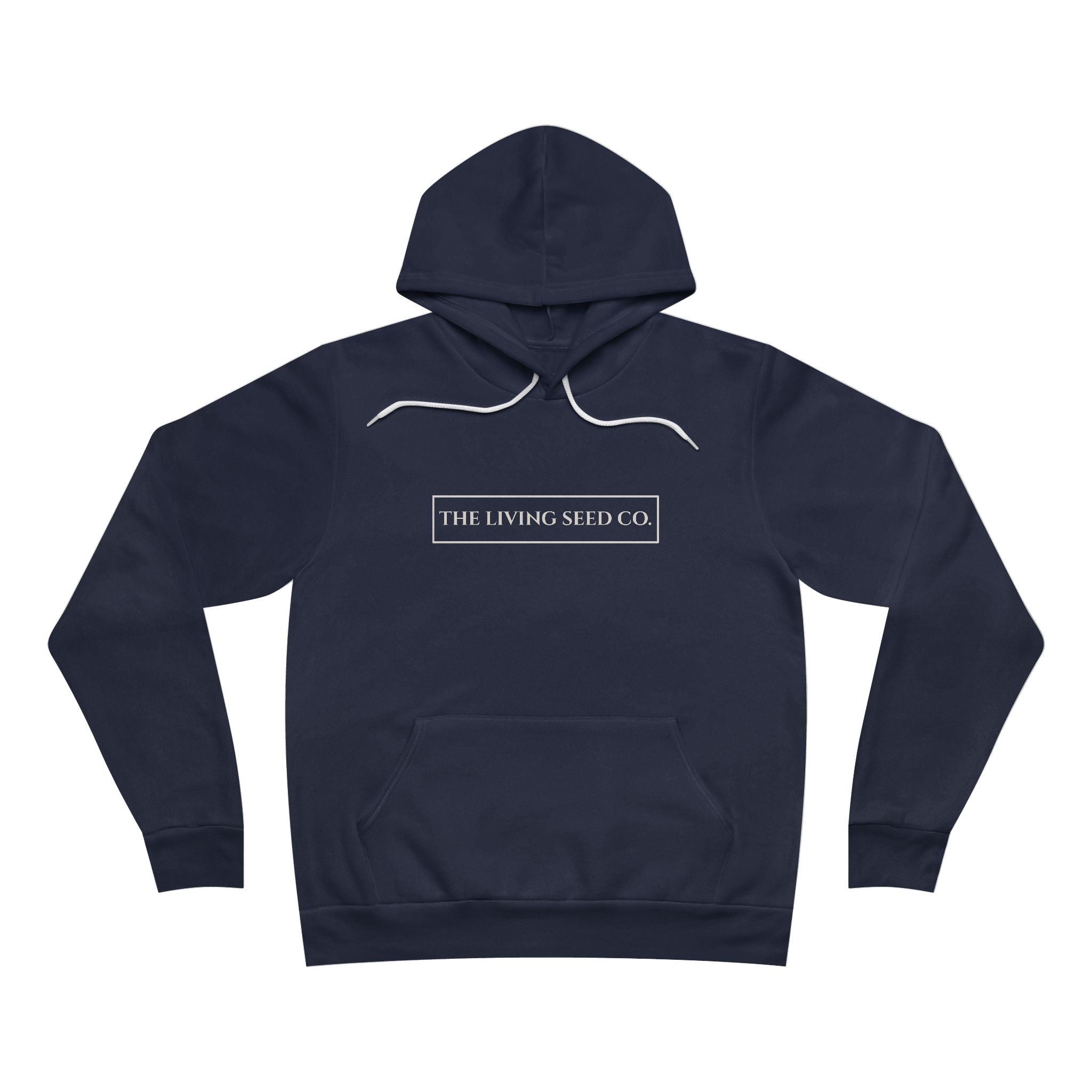 The Original Hoodie (Bella+Canvas) in Navy — front view flat mockup — navy unisex pullover hoodie featuring The Living Seed Co. boxed wordmark on chest in parchment ink. Bella+Canvas 3719.