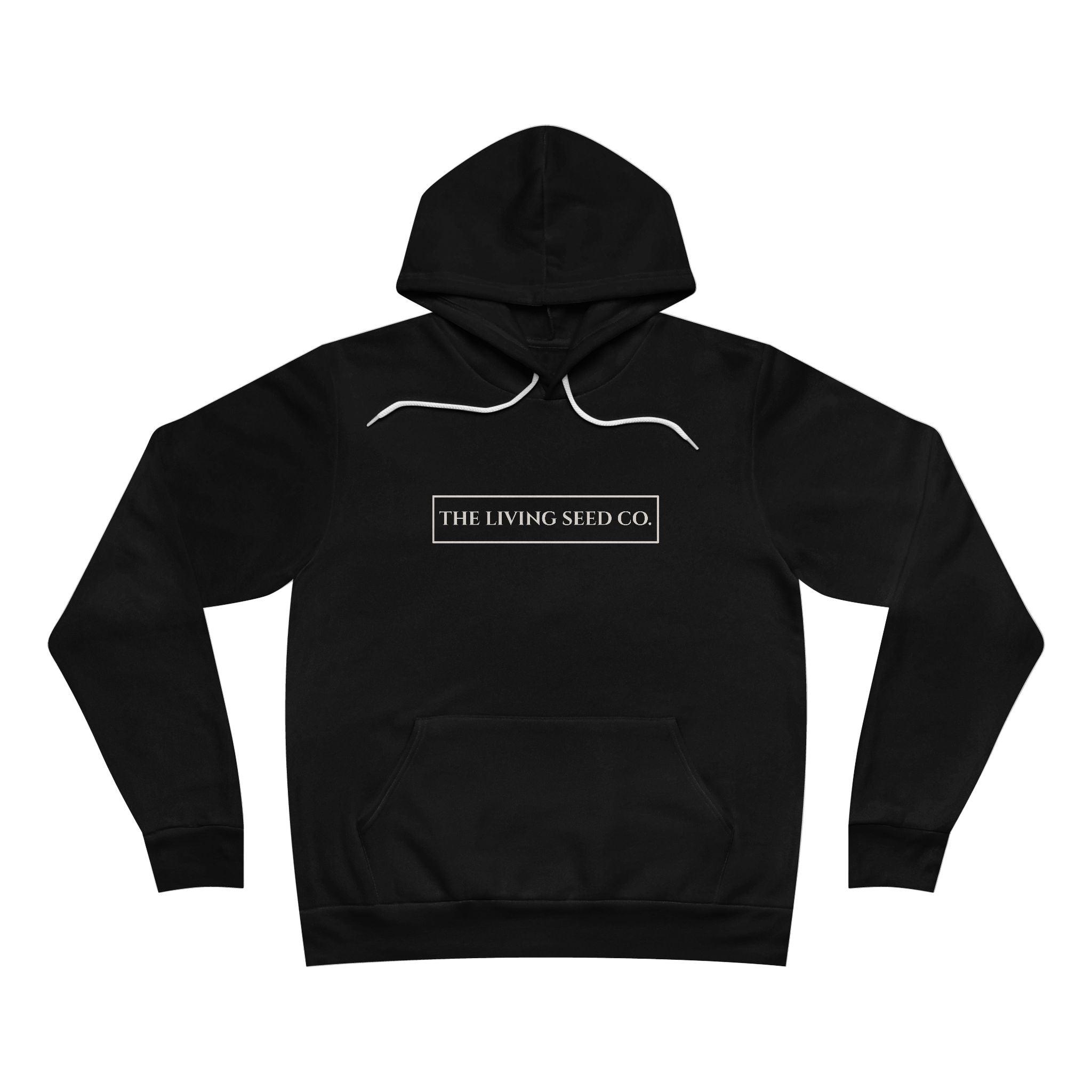 The Original Hoodie (Bella+Canvas) in Black — front view flat mockup — black unisex pullover hoodie featuring The Living Seed Co. boxed wordmark on chest in parchment ink. Bella+Canvas 3719.