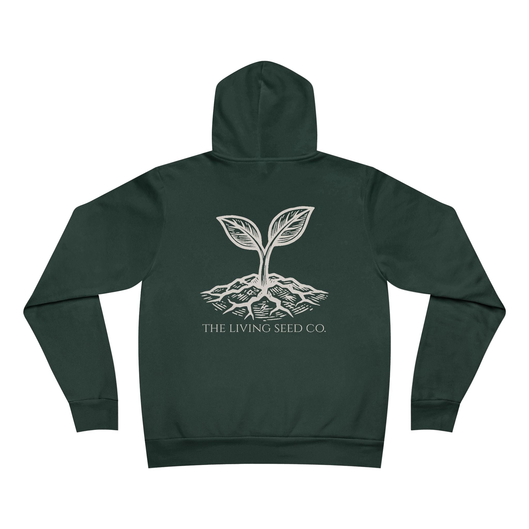 The Original Hoodie (Bella+Canvas) in Forest — back view flat mockup — forest green unisex pullover hoodie featuring The Living Seed Co. etching-style sprouting seed graphic in parchment ink with wordmark below. Bella+Canvas 3719.