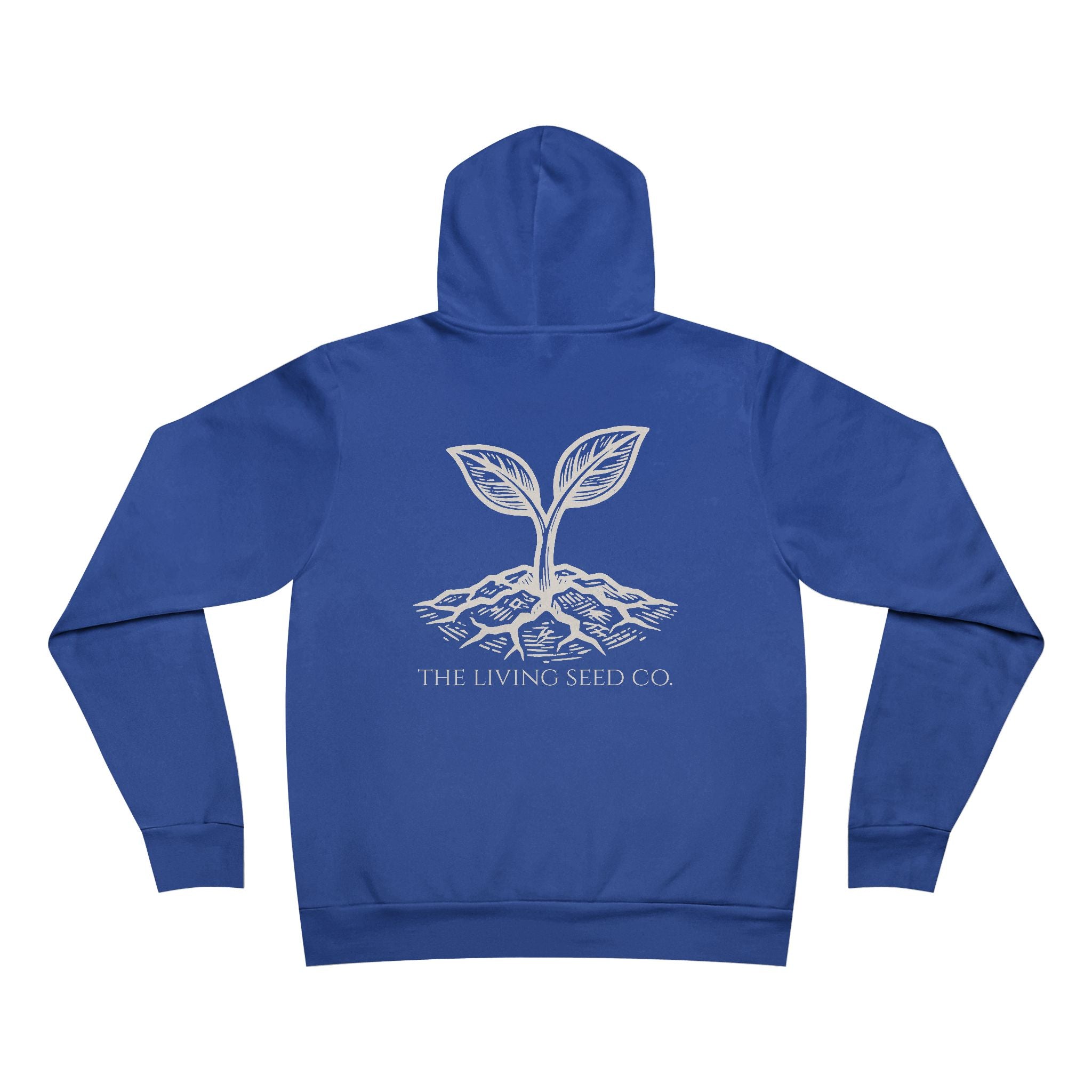 The Original Hoodie (Bella+Canvas) in True Royal — back view flat mockup — royal blue unisex pullover hoodie featuring The Living Seed Co. etching-style sprouting seed graphic in parchment ink with wordmark below. Bella+Canvas 3719.