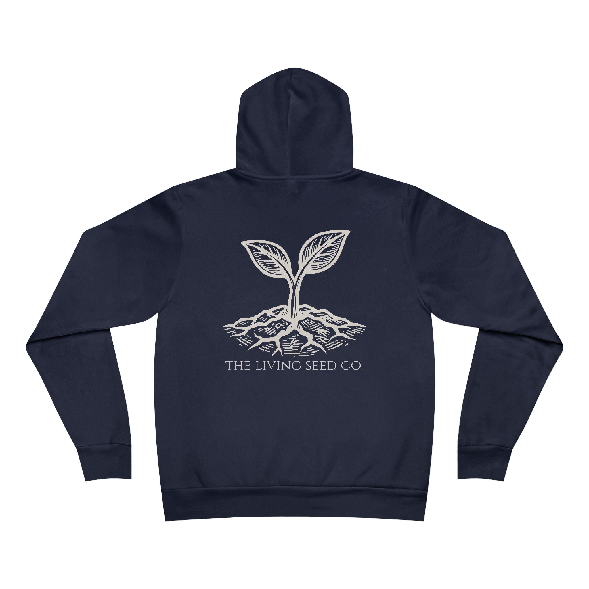 The Original Hoodie (Bella+Canvas) in Navy — back view flat mockup — navy unisex pullover hoodie featuring The Living Seed Co. etching-style sprouting seed graphic in parchment ink with wordmark below. Bella+Canvas 3719.