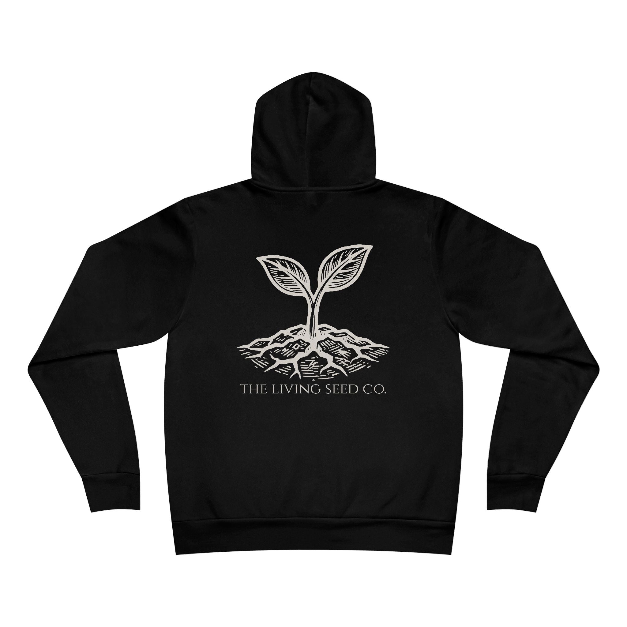 The Original Hoodie (Bella+Canvas) in Black — back view flat mockup — black unisex pullover hoodie featuring The Living Seed Co. etching-style sprouting seed graphic in parchment ink with wordmark below. Bella+Canvas 3719.