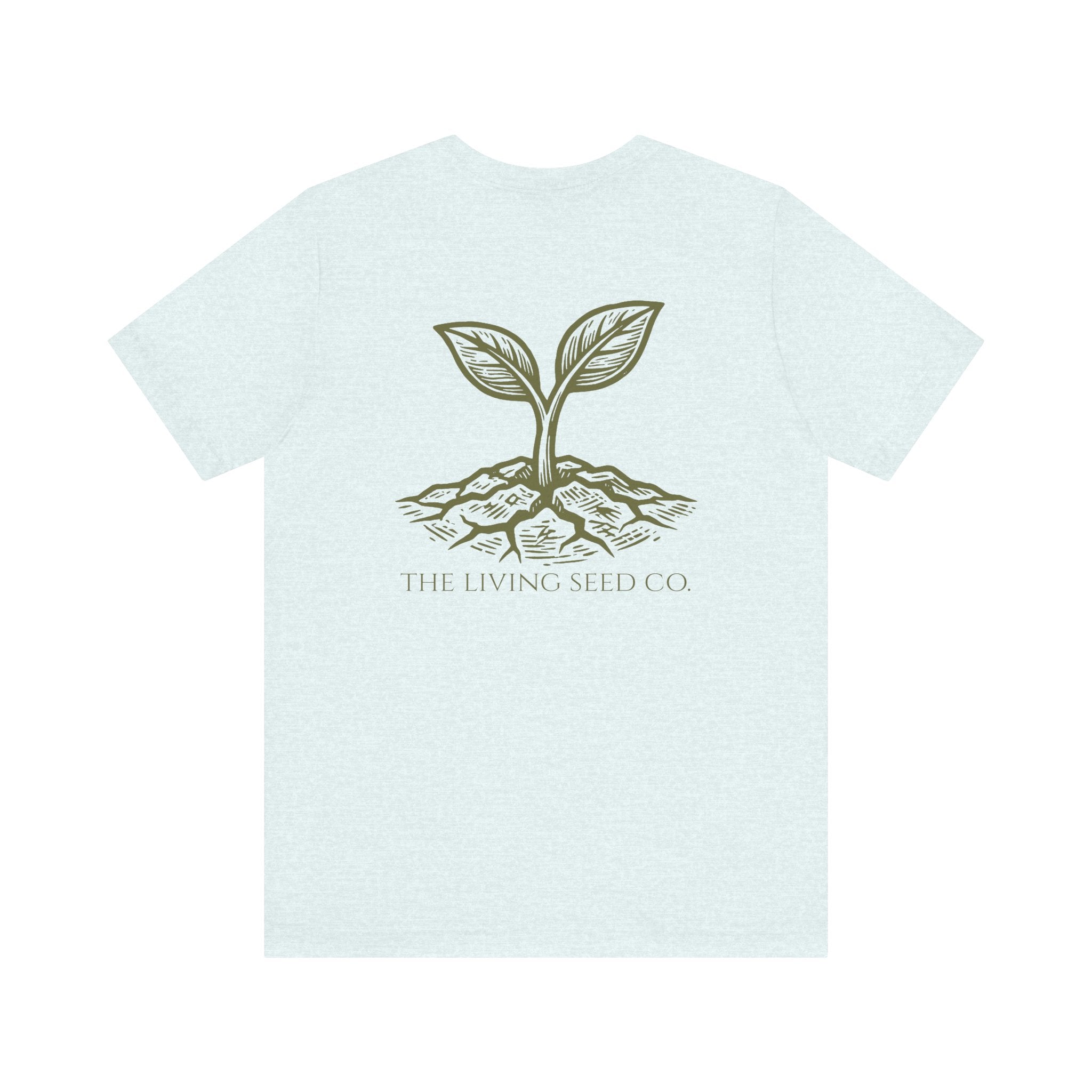 The Original Tee in Heather Ice Blue — back view flat mockup — light blue heather unisex t-shirt featuring The Living Seed Co. etching-style sprouting seed graphic in olive ink with wordmark below. Bella+Canvas 3001.