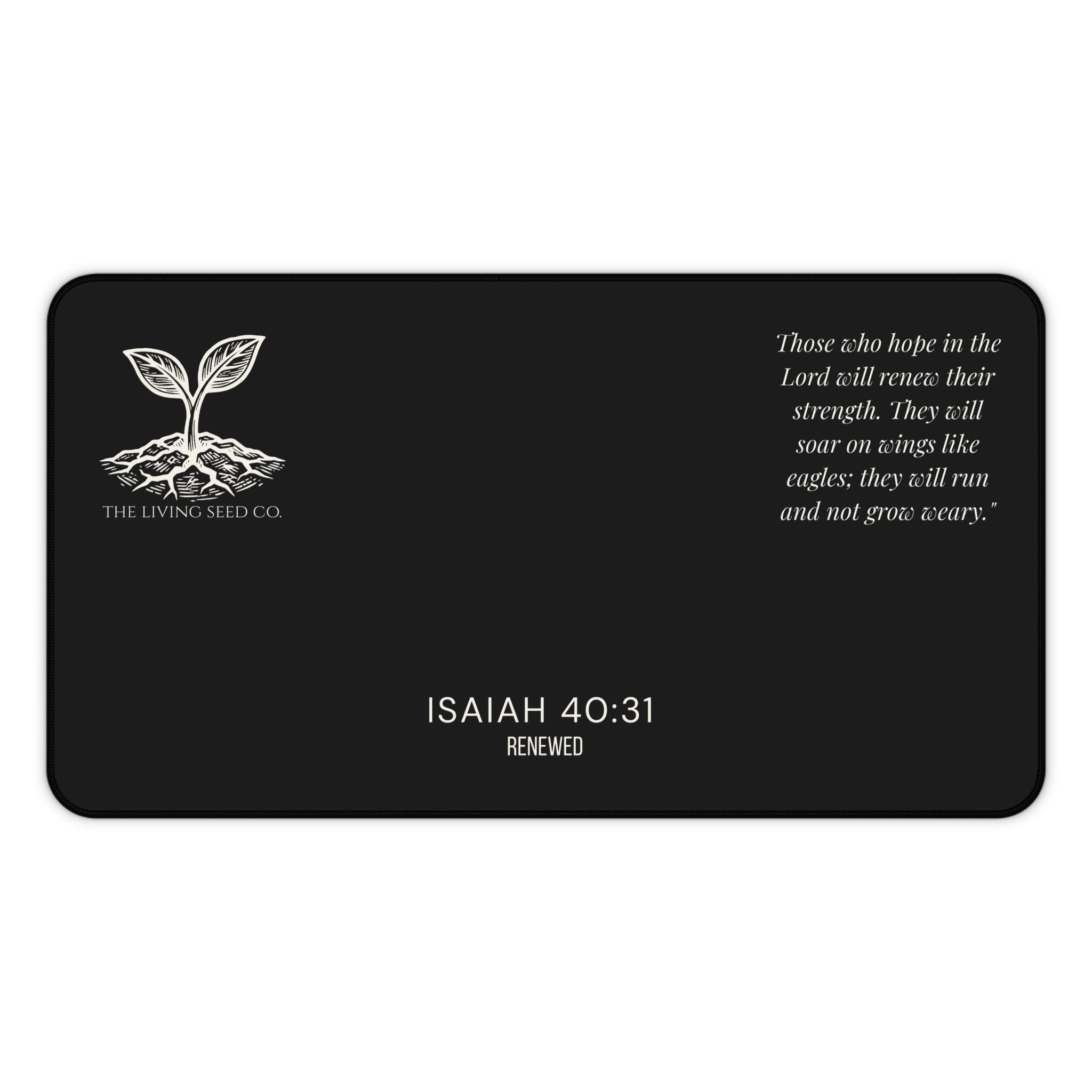 Scripture Series RENEWED Desk Mat in Black — size comparison mockup — showing 12x22 size option for the forest green RENEWED desk mat.