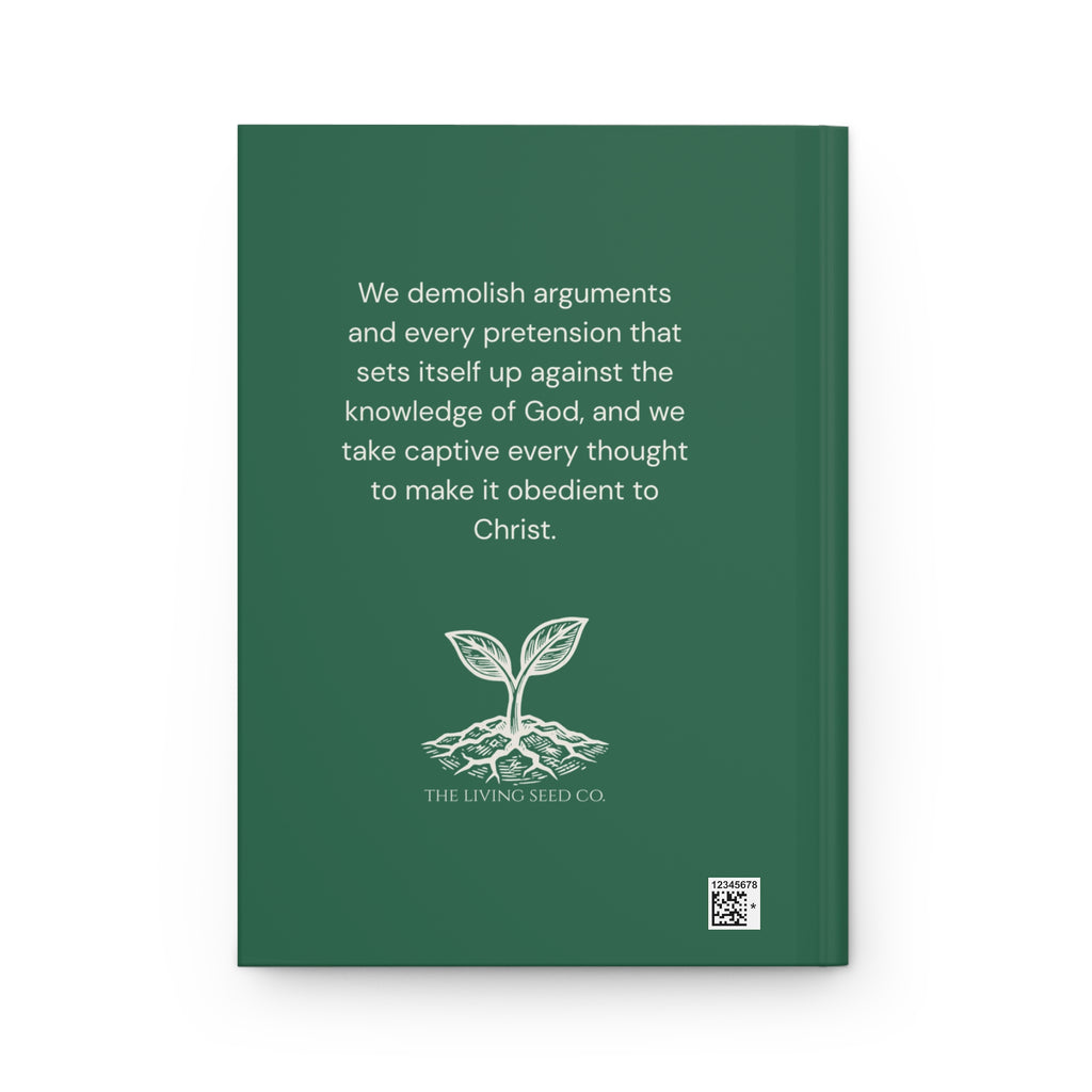 Scripture Series CAPTIVE Journal in Garden Green — back cover — garden green hardcover journal featuring the full 2 Corinthians 10:5 verse in parchment text with The Living Seed Co. seedling logo and wordmark below.
