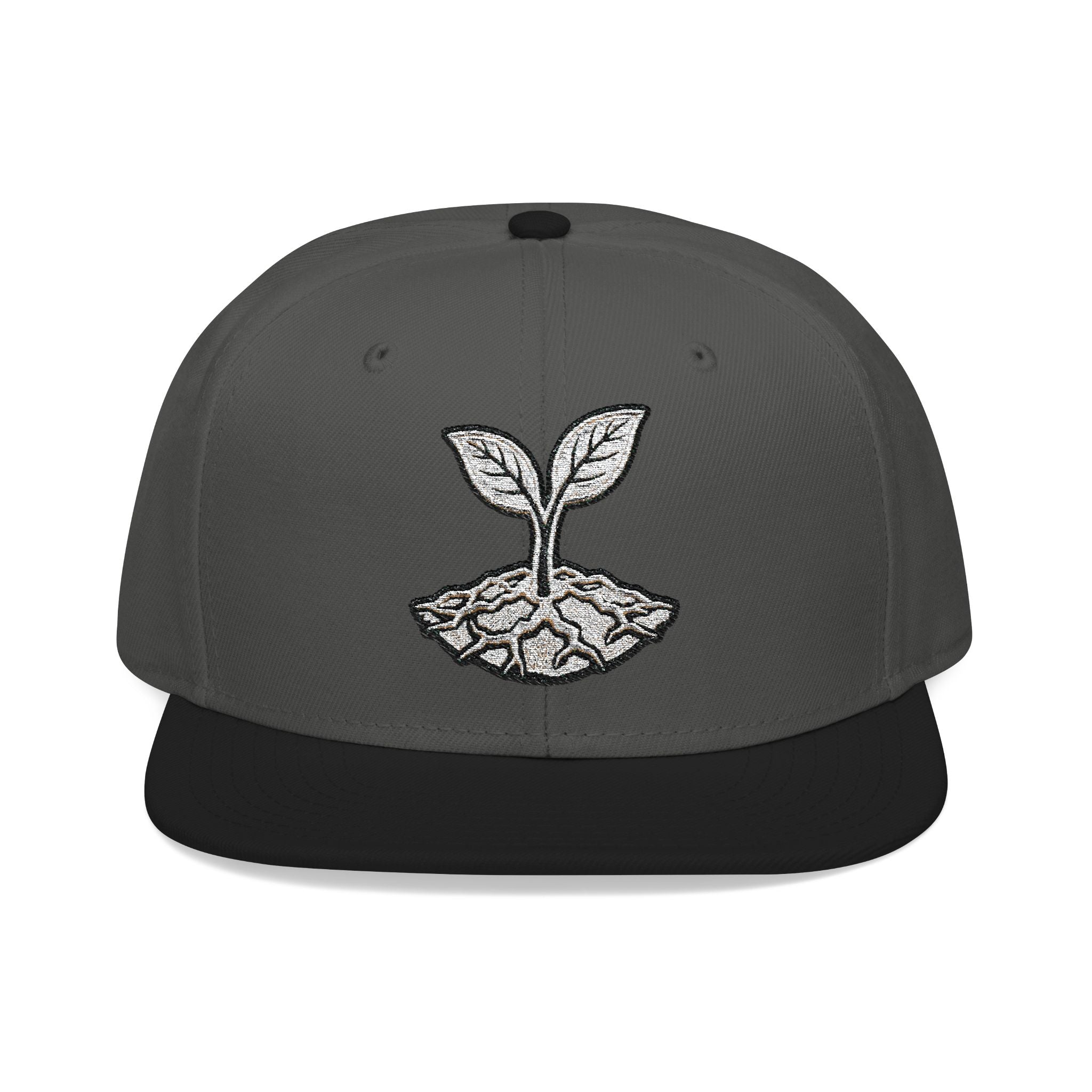 The Living Seed Co. Original Snapback in black and charcoal gray — front view showing embroidered seedling mark, Otto Cap flat bill