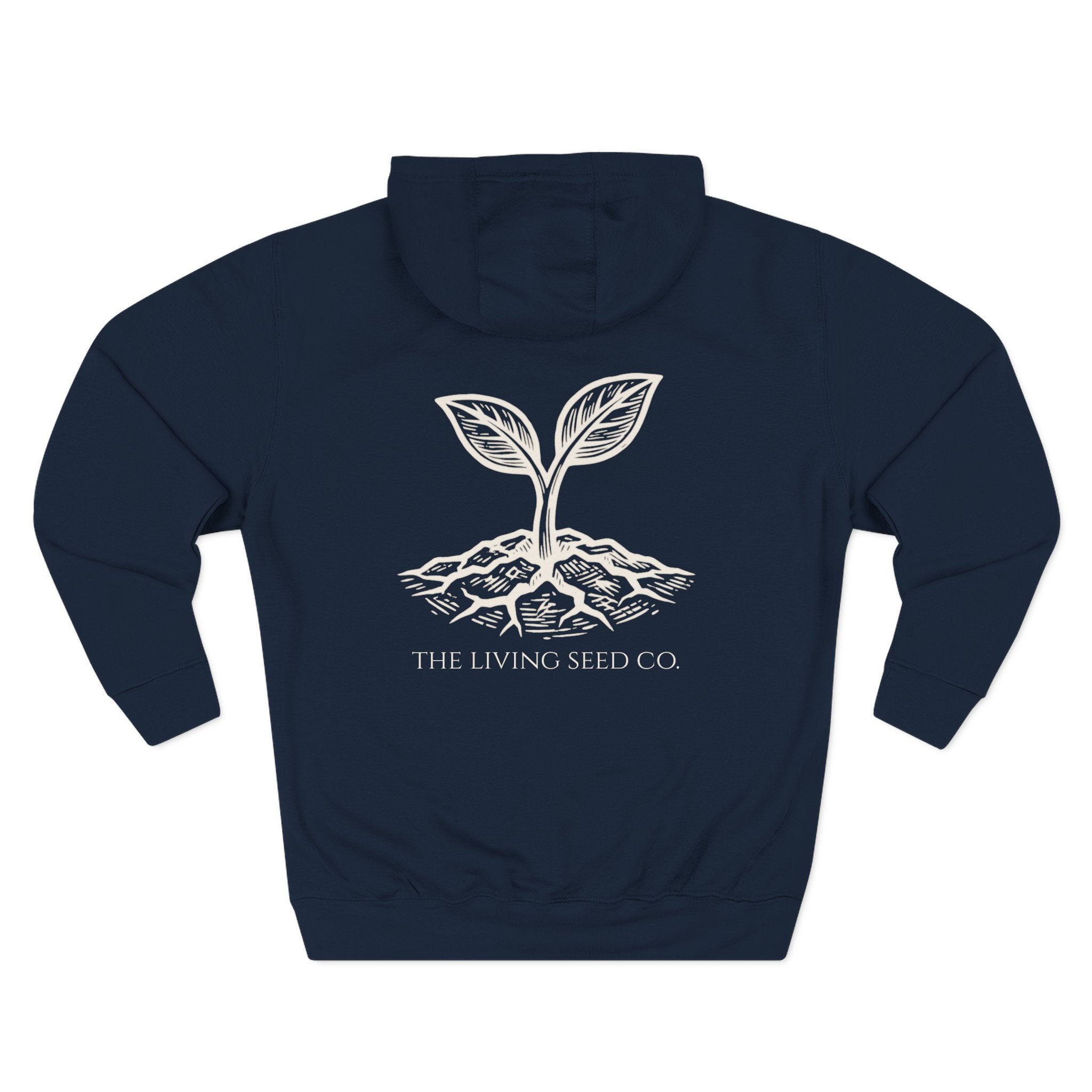 The Original Hoodie (Lane Seven) in Navy — back view flat mockup — navy pullover hoodie featuring The Living Seed Co. etching-style sprouting seed graphic in parchment ink with wordmark below. Lane Seven LS14001.