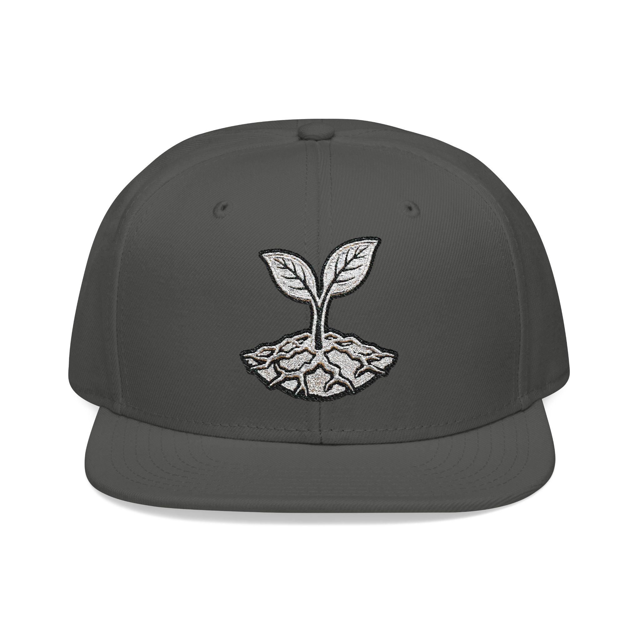 The Living Seed Co. Original Snapback in charcoal gray — front view showing embroidered seedling mark, Otto Cap flat bill