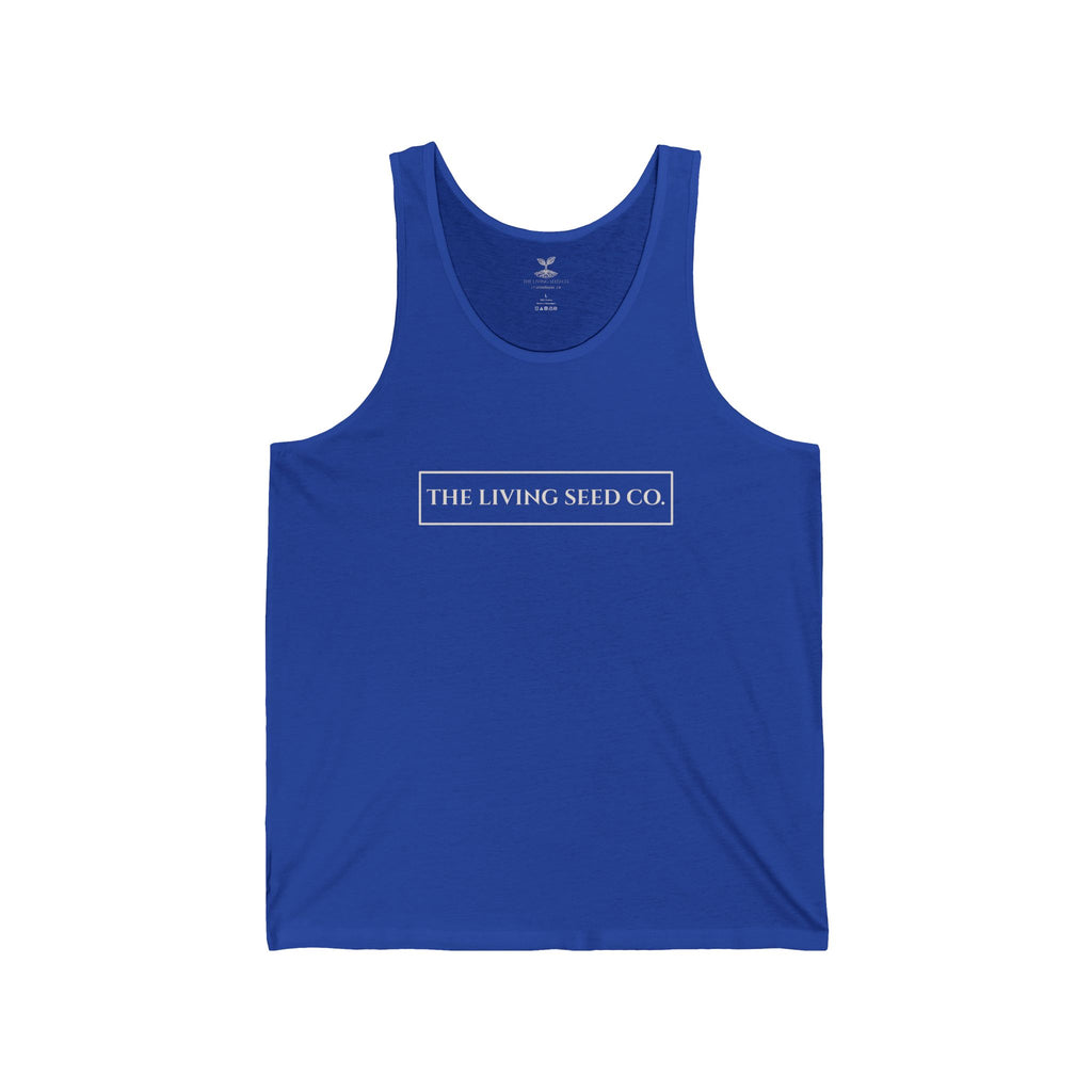 The Original Tank in True Royal — front view flat mockup — royal blue unisex tank top featuring The Living Seed Co. boxed wordmark on chest in parchment ink. Bella+Canvas 3480.
