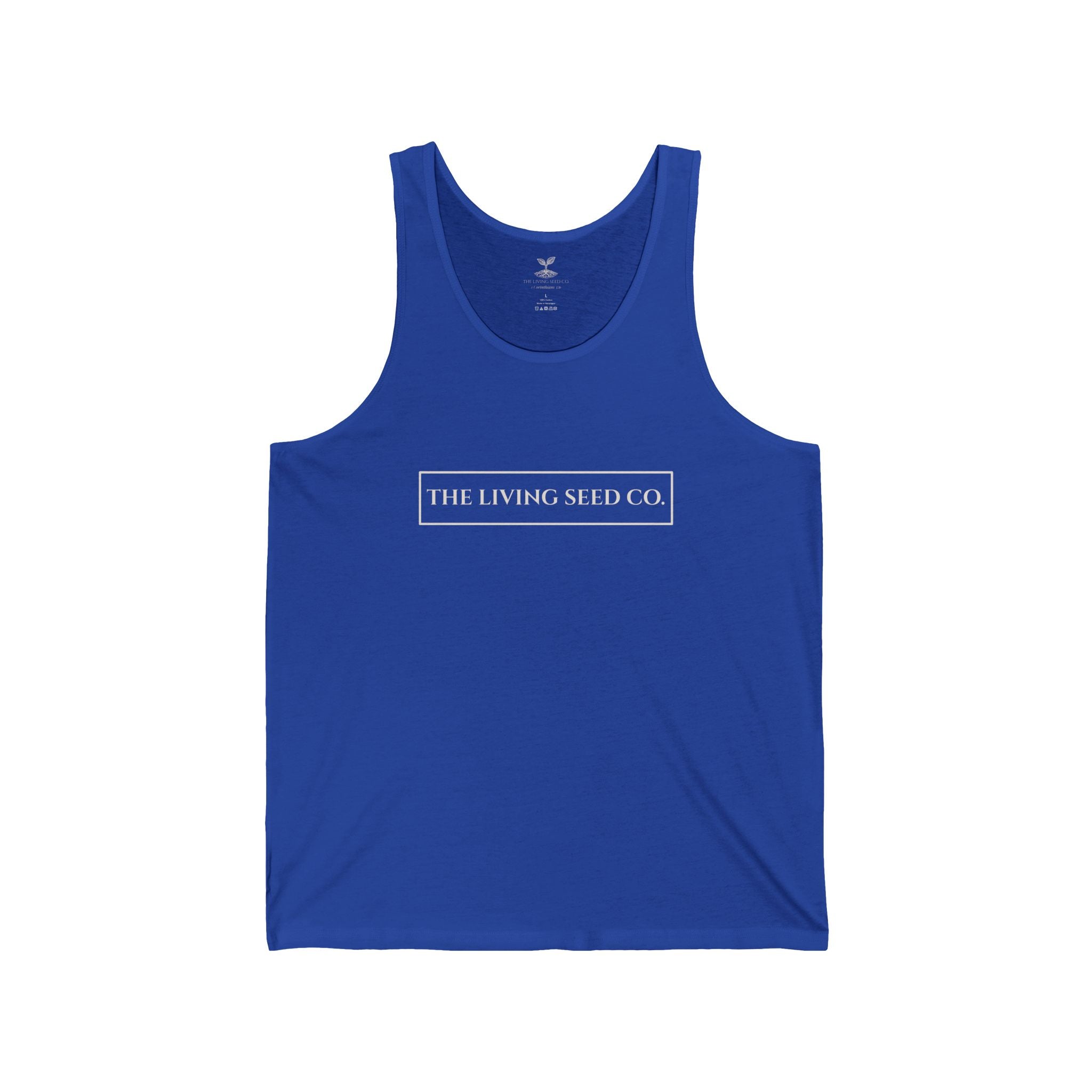 The Original Tank in True Royal — front view flat mockup — royal blue unisex tank top featuring The Living Seed Co. boxed wordmark on chest in parchment ink. Bella+Canvas 3480.
